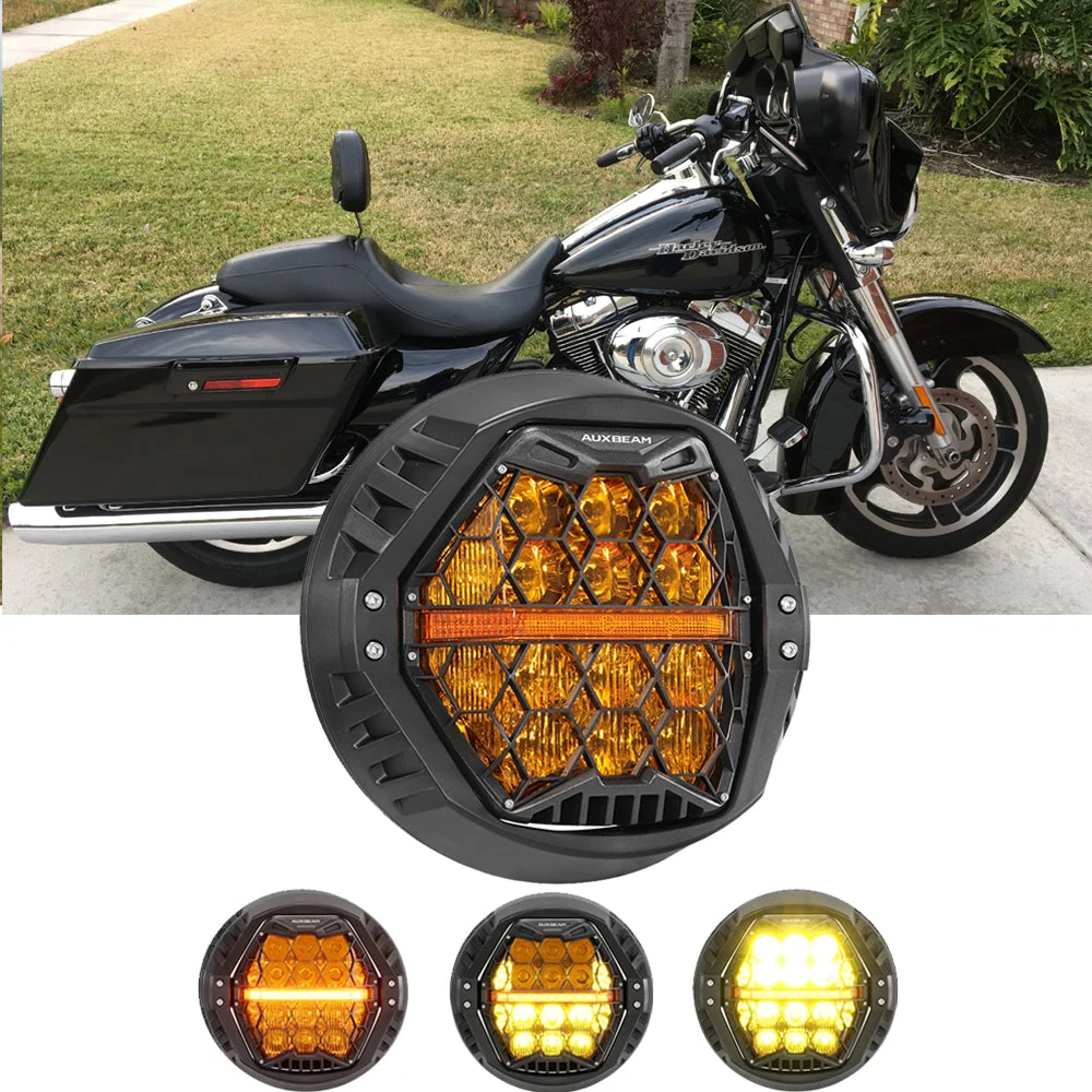 7 Inch 120W DOT Motorcycle LED Headlight Assembly with Amber DRL & Honeycomb Design (Hi/Lo Beam) for 2006-2013 Street Glide FLHX