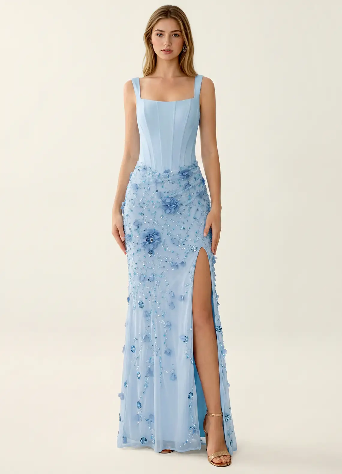 Belinda Blue 3D Flowers Corset Lace Up Back Mermaid Prom Dress