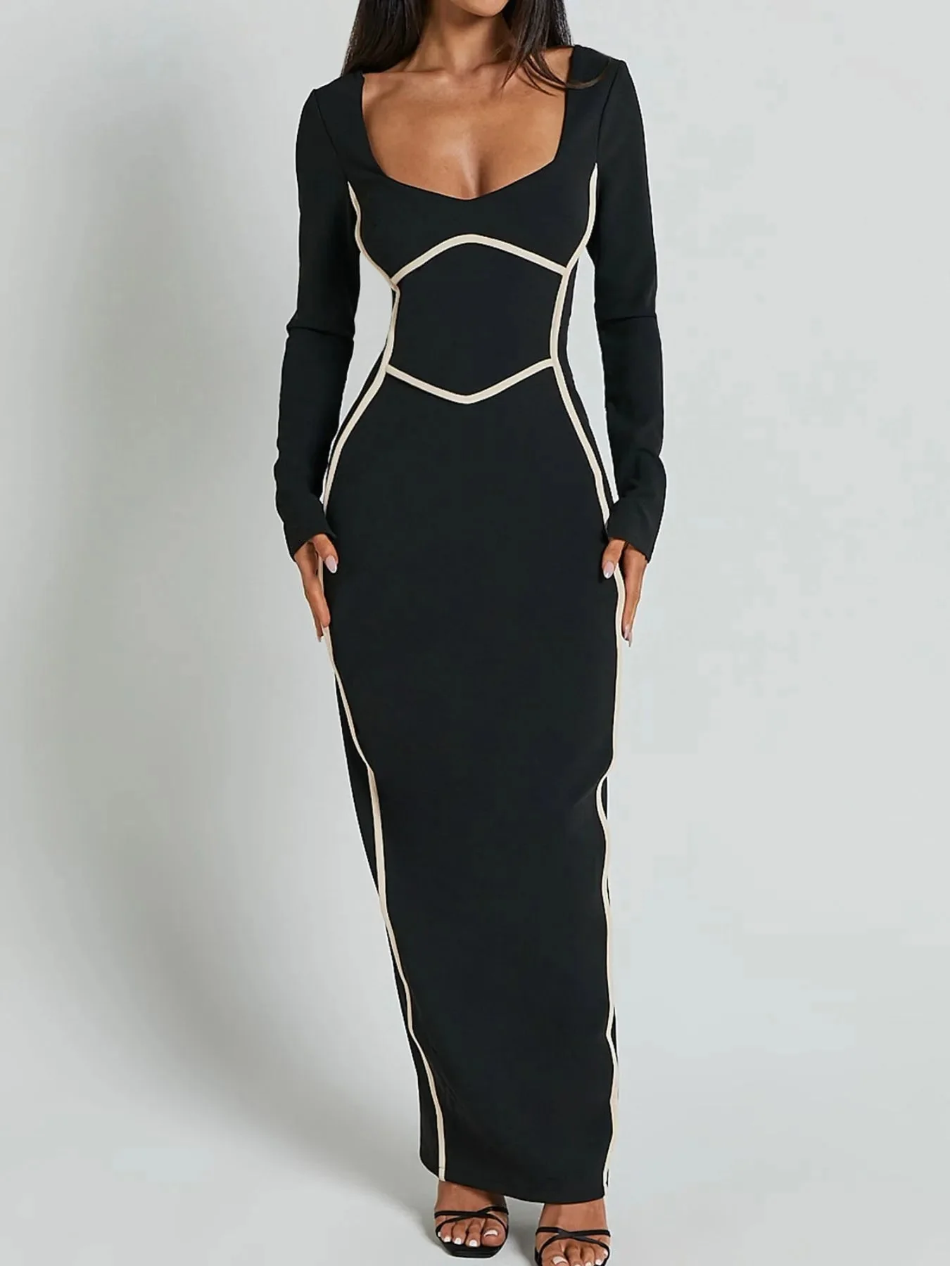 Robe maxi moulante à manches longues avec bordure contrastée