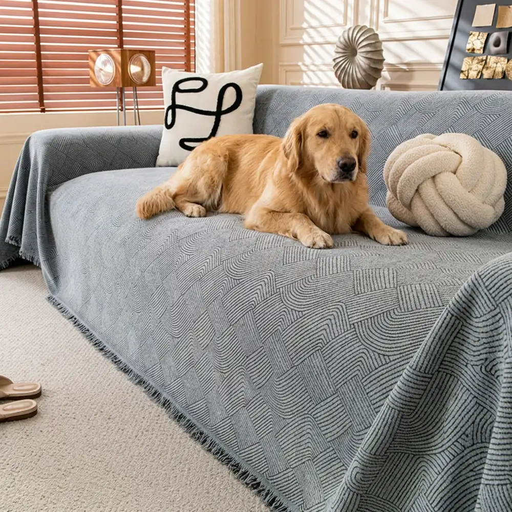 Linework Pattern Chenille Comfortable Scratch-Resistant Sofa Protection Couch Cover