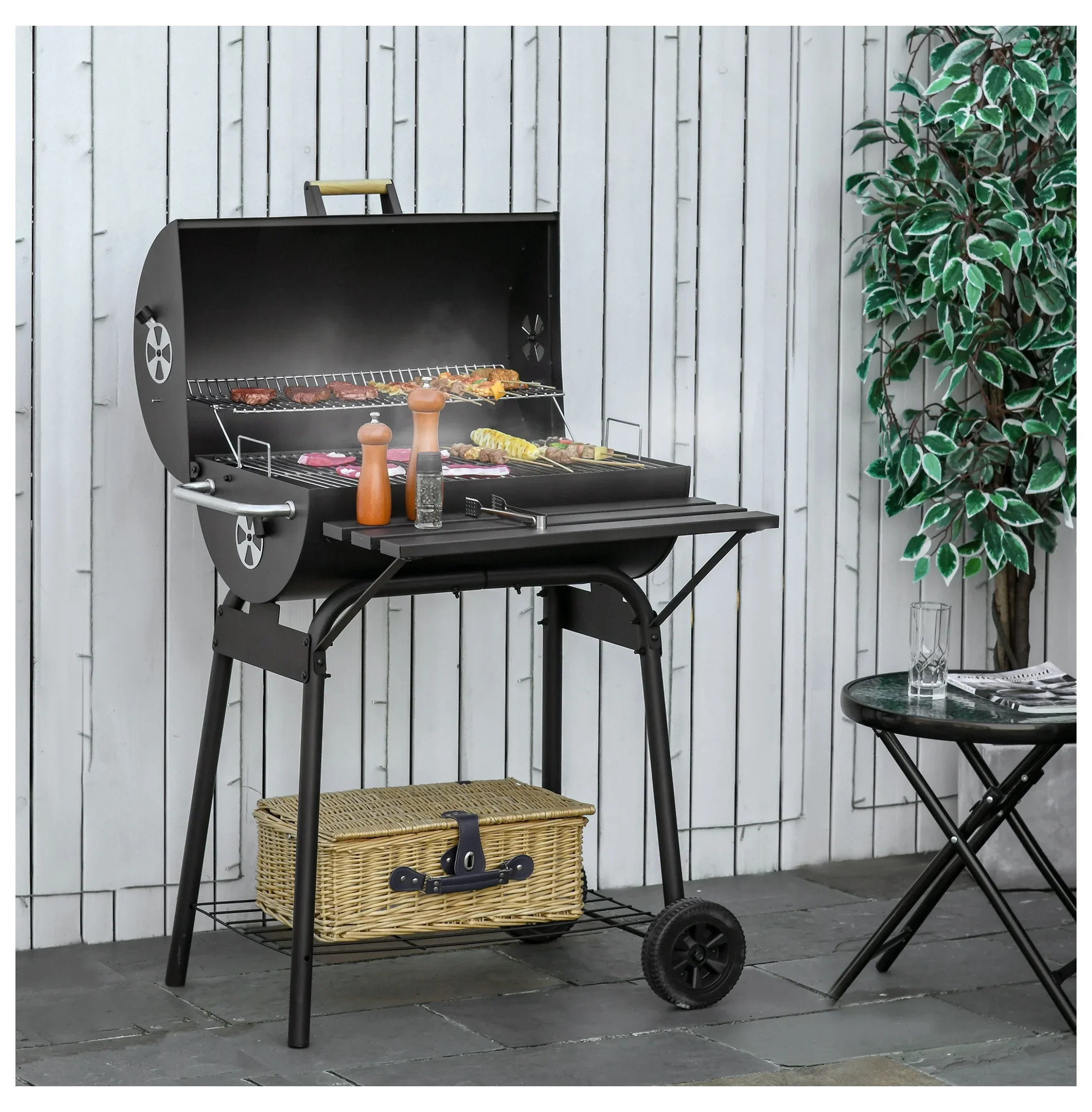 Outsunny 30 Portable Barrel Charcoal BBQ Grill, Steel Outdoor Barbecue Smoker with Storage Shelf, Wheels for Garden Camping Picnic, Black