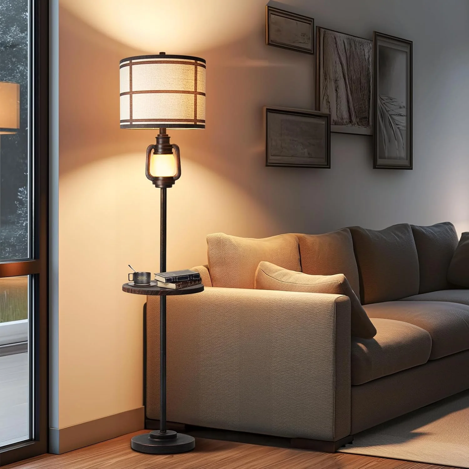 Farmhouse Metal Tray Floor Lamp For Living Room With Nightlight Vintage Tall Lamp With Linen Fabric Shade Industrial Standing Lamp For Bedroom Office Home House Study (Bulb Included)(Bronze-With Tray) - Image 5