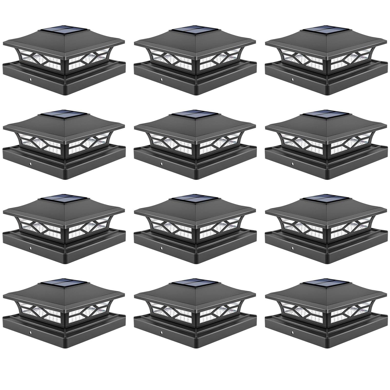 VOLISUN Solar Post Cap Lights: 12 - Pack Outdoor Post Light for White/Black 4x4 Vinyl Fence Deck - Dock 4x4/6x6 Wooden Post 2 Color Modes Waterproof
