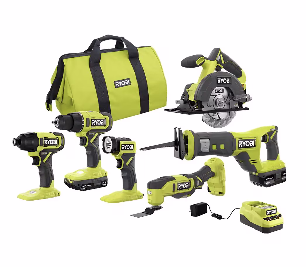 RYOBI ONE+ 18V Cordless 6 - Tool Combo Kit with 1.5 Ah Battery, 4.0 Ah Battery, and Charger