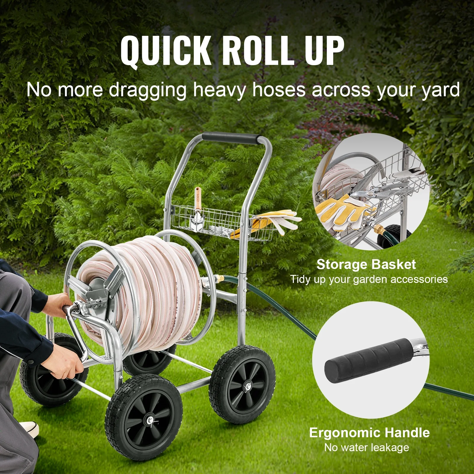 Hose Reel Cart with Wheels, Metal hose reel Holds 300 Feet of 5/8" Hose Capacity Heavy Duty Outdoor Water Planting Truck for Yard, Garden - Image 4