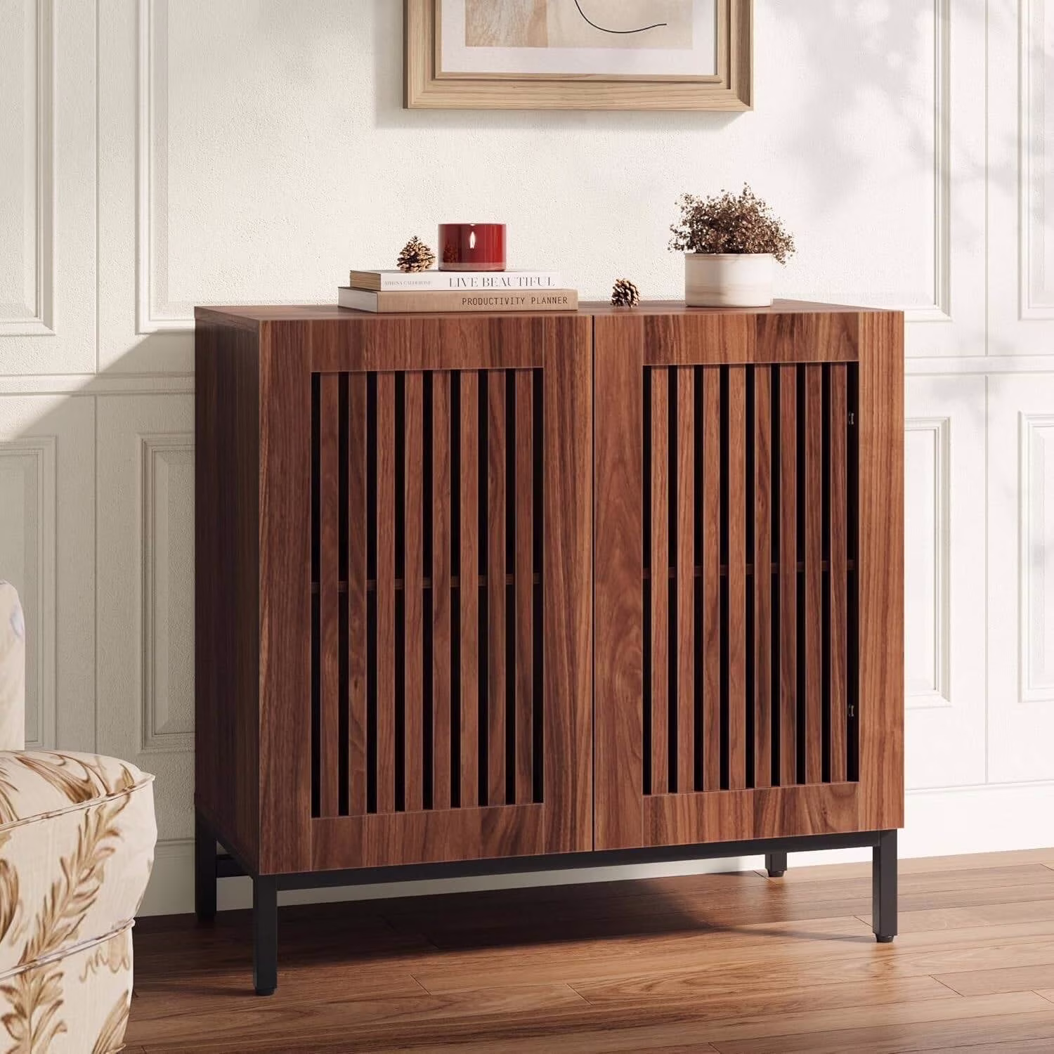 Buffet Sideboard Cabinet with Louvered Doors Adjustable Shelf, Wood Storage Cabinet for Kitchen, Dining Room, Living Room, Entryway Walnut(Walnut-Vertical Stripes)