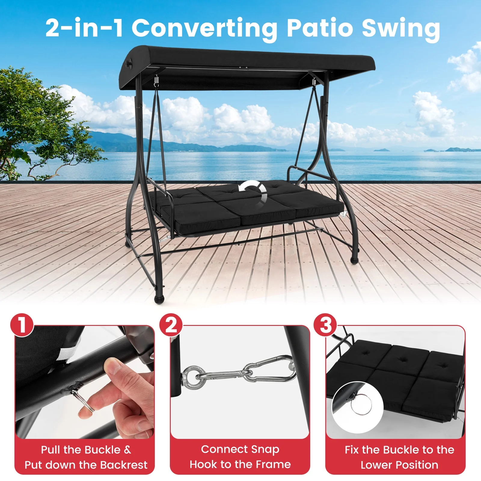3-Seat Outdoor Converting Patio Swing Glider Adjustable Canopy Porch Swing Black(Black) - Image 9