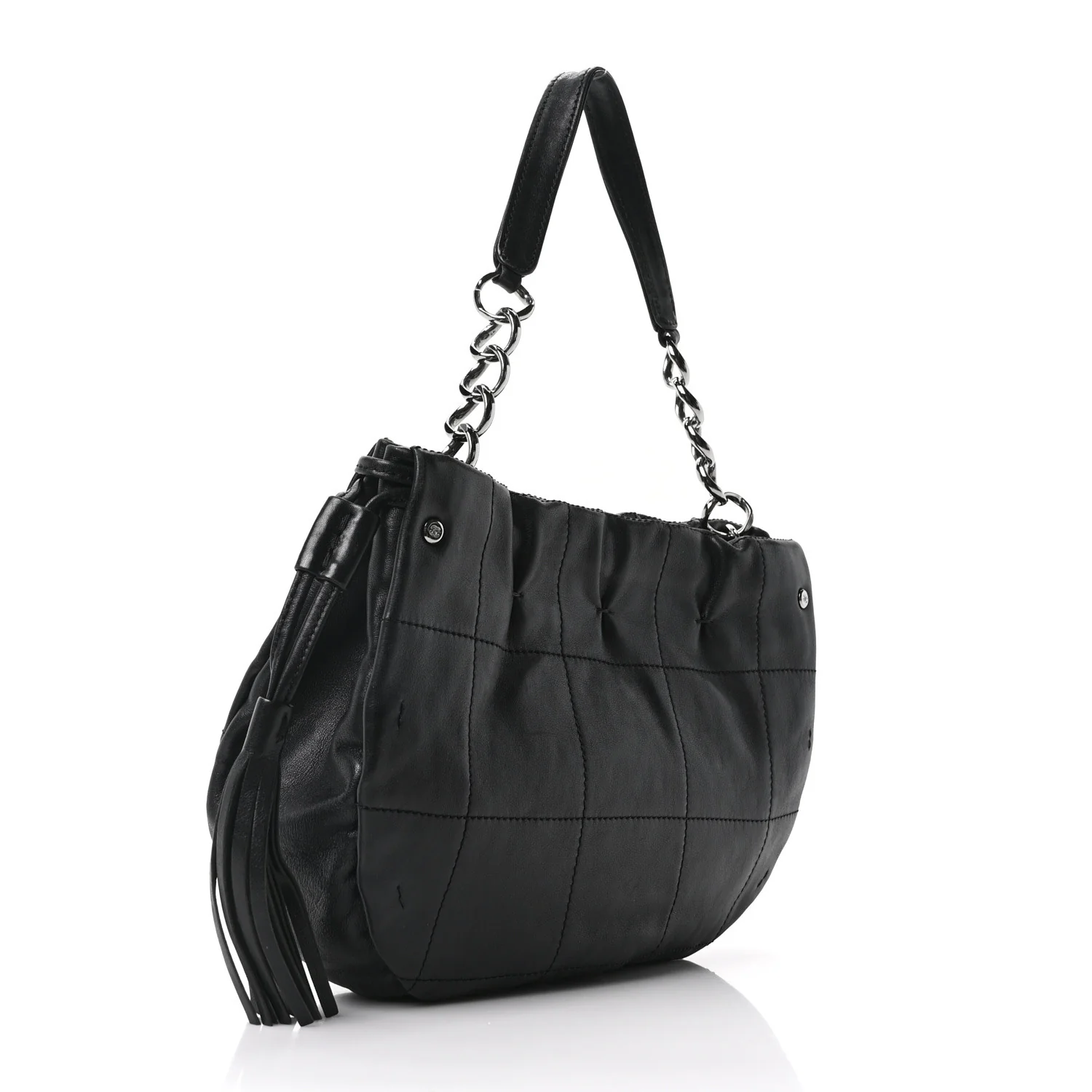 Lambskin Stitched Chocolate Bar Chain Fringe Hobo Black