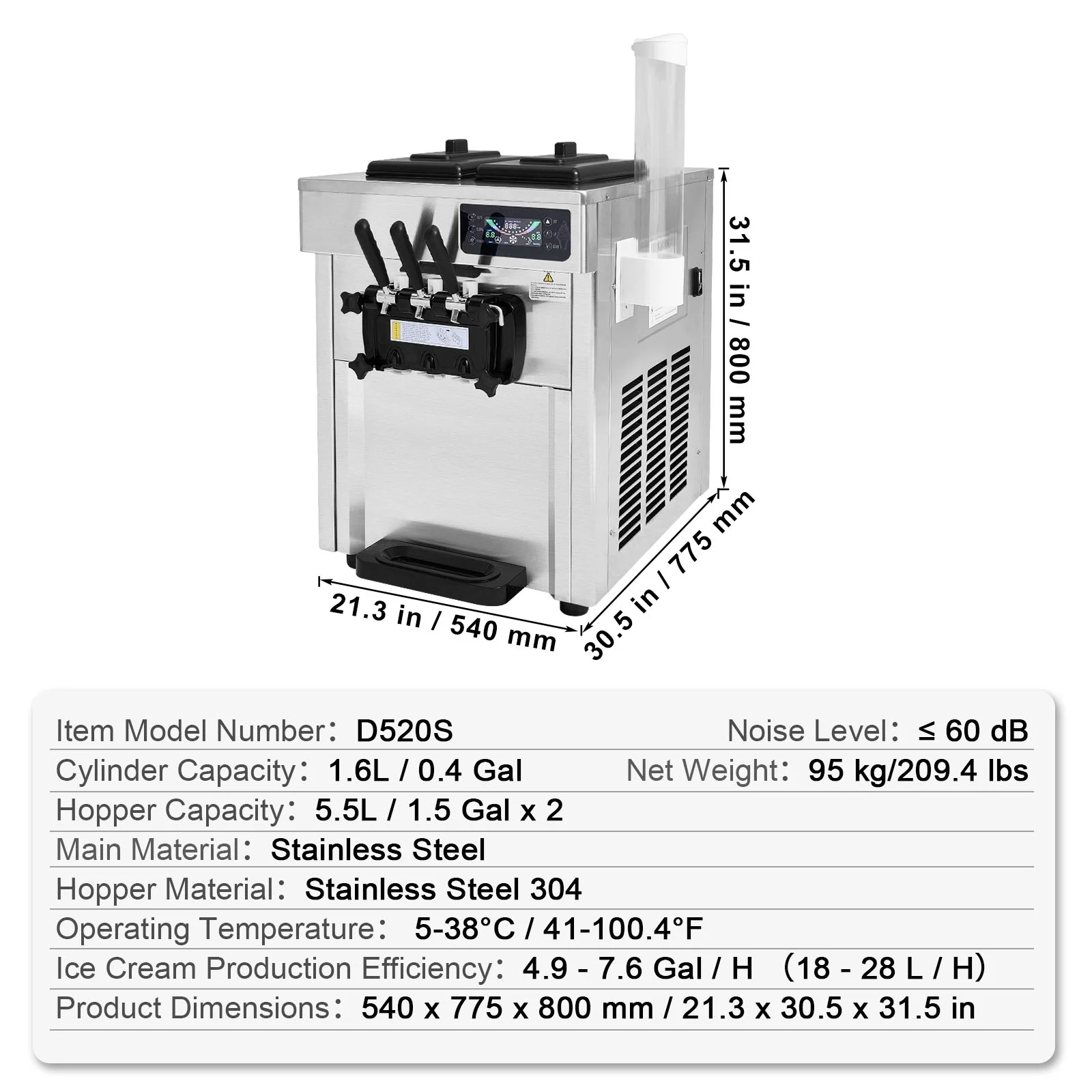 Commercial Soft Ice Cream Machine 18-28 L/H 5.5L*2 Cylinder 3-Flavor Serve Ice Cream Maker - Image 8