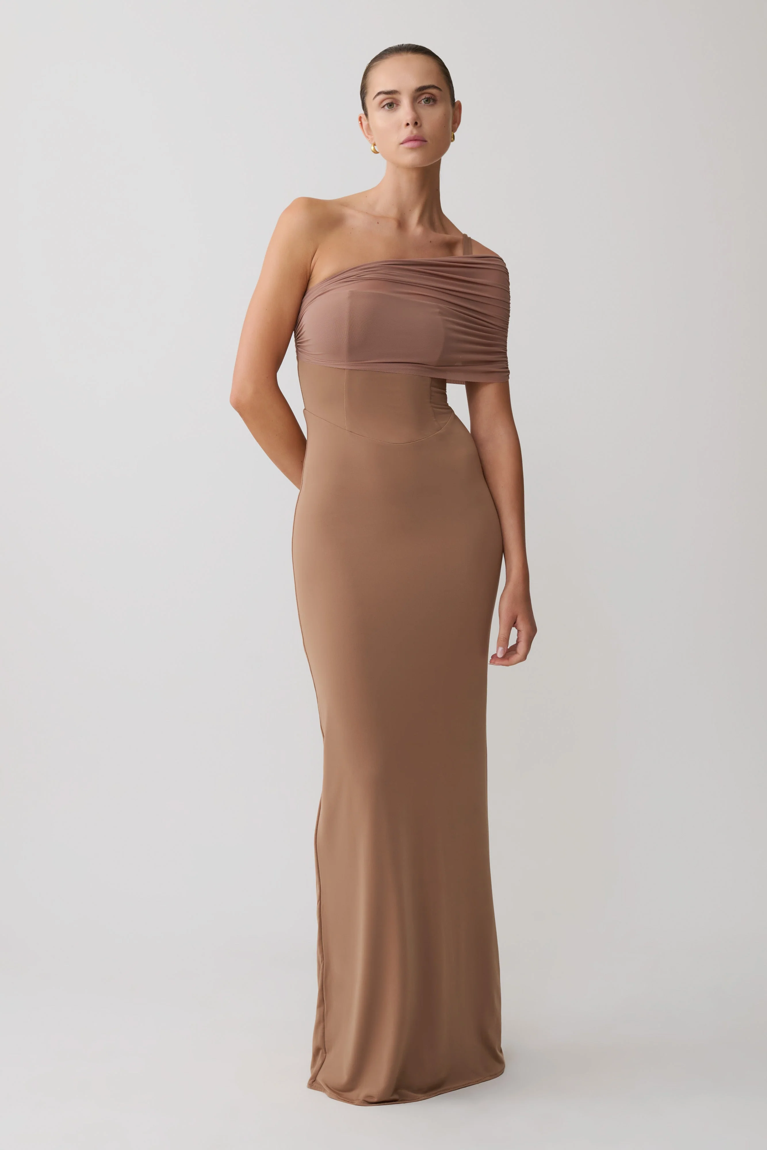 Hanh One Shoulder Mesh Maxi Dress - Tan