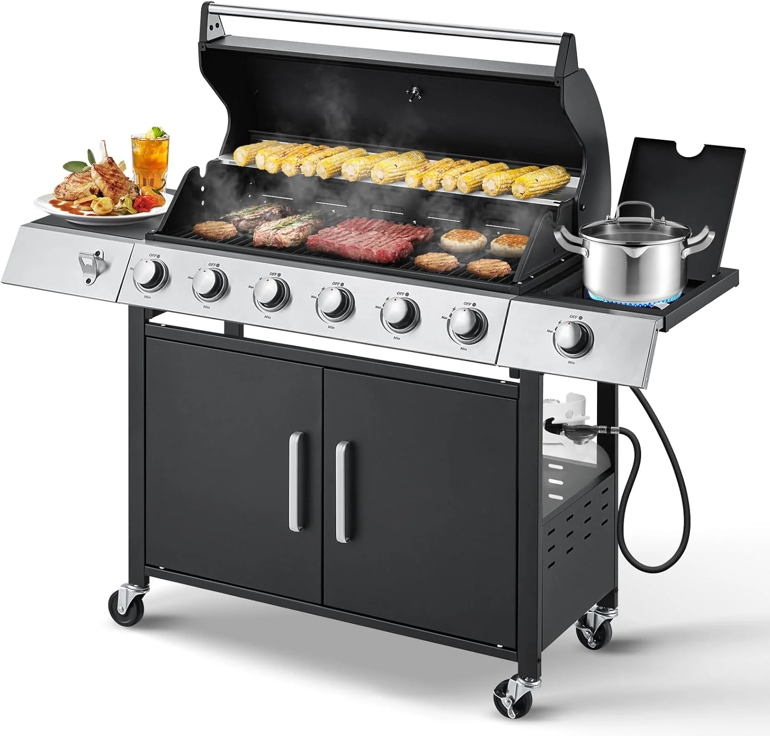 Barbecue à gaz propane amélioré à 4 brûleurs avec grilles en fonte et réchaud latéral, brûleur en acier inoxydable de 44 000 BTU pour terrasse, camping et cuisine en plein air.