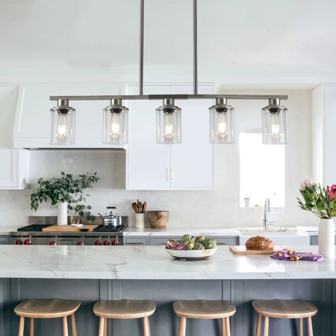 5-Light Kitchen Island Pendant Light, Farmhouse Industrial Chandeliers with Two Metal Rod Supports, Rectangular Island Lights for Kitchen, Living Room, Walnut/Black