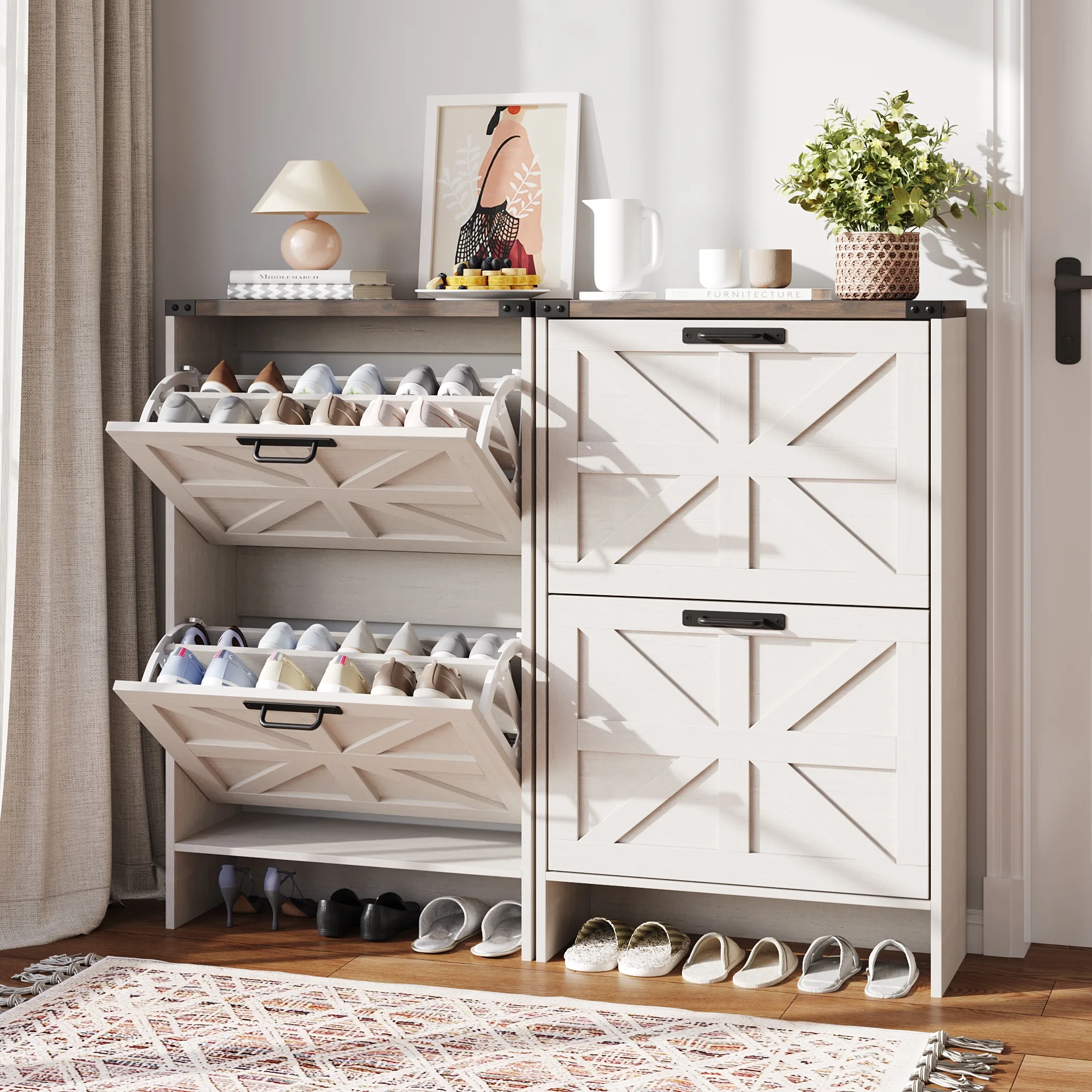 Shoes Storage Cabinet With Doors, Farmhouse Shoe Cabinet With 2 Flip Drawers For Entryway,Gray(White) - Image 7