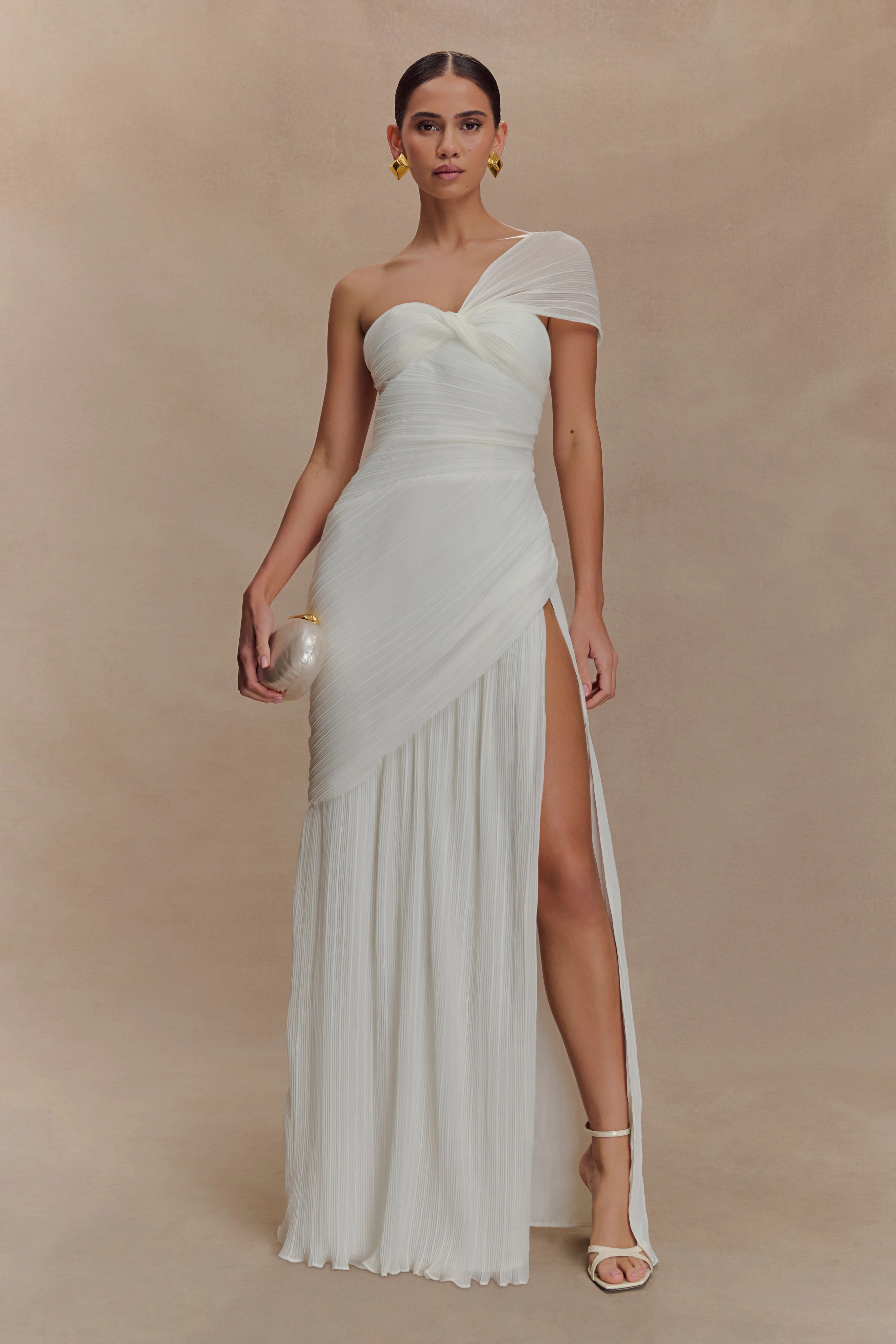 Tamara Shirred Chiffon Midi Dress - White