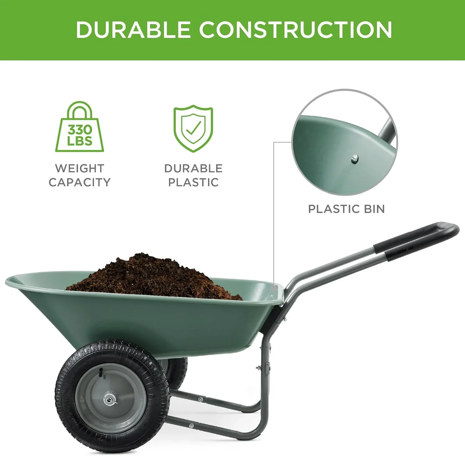 SAZYY Heavy-Duty Dual-Wheel Home Utility Yard Wheelbarrow & Garden Cart with Built-in Stand �C Versatile Solution for Lawn Care, Gardening & Construction Tasks, Gray
