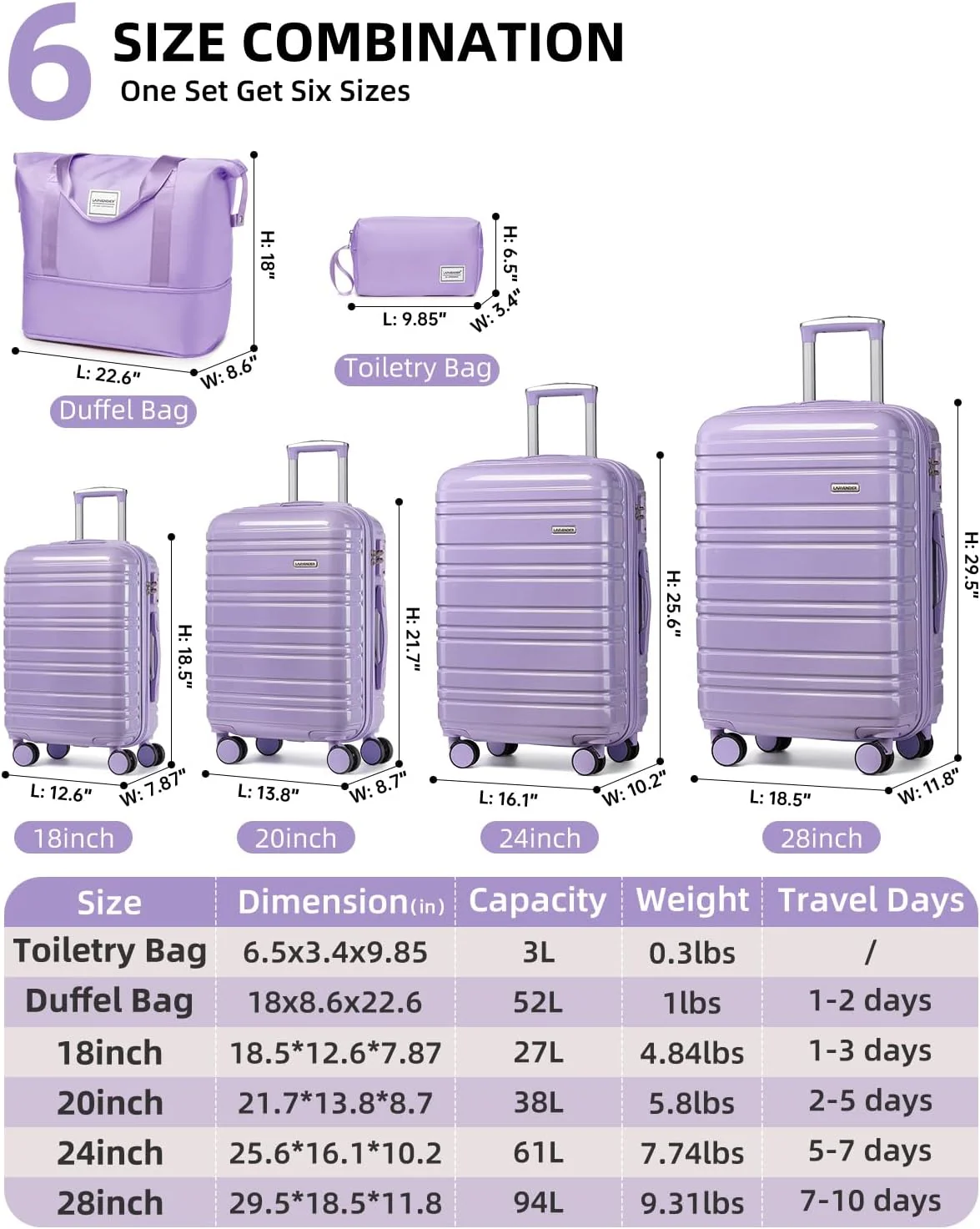 Ensemble de 6 valises, ensemble de valises rigides extensibles avec roulettes multidirectionnelles, ensemble de bagages à roulettes légers