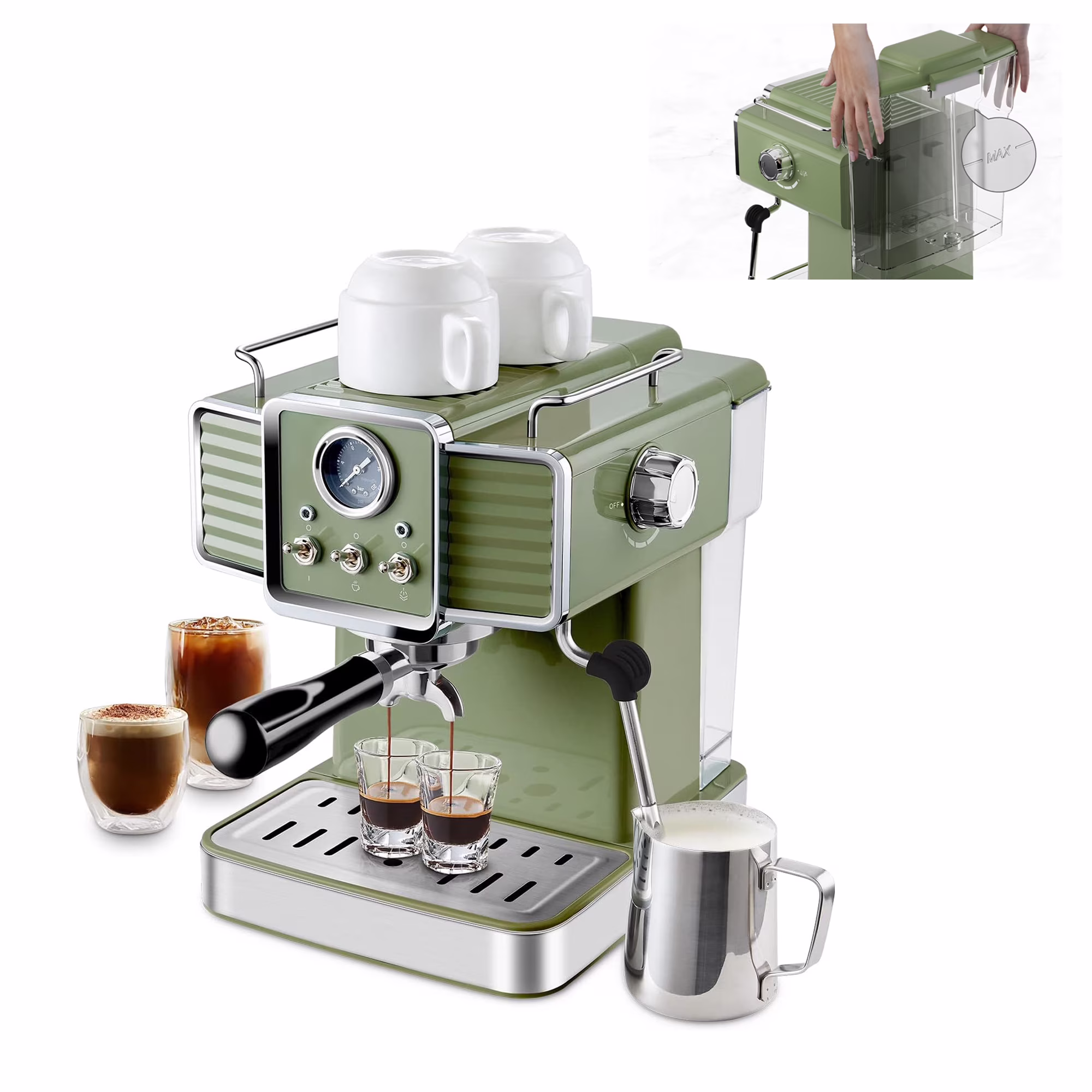 Espresso Coffee Machine 15 Bar with Milk Frother Steam Wand, 1350W Professional Coffee Maker, 54 oz Removable Water Tank Espresso Maker Cappuccino, Latte, Machiato, Green, for Home Barista