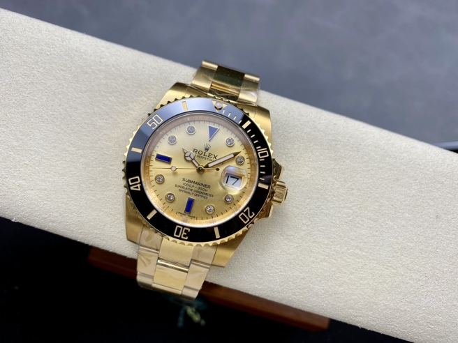Rolex Submariner 40 18k Champagne Diamond Dial Black Bezel 16613T Gold Watch
