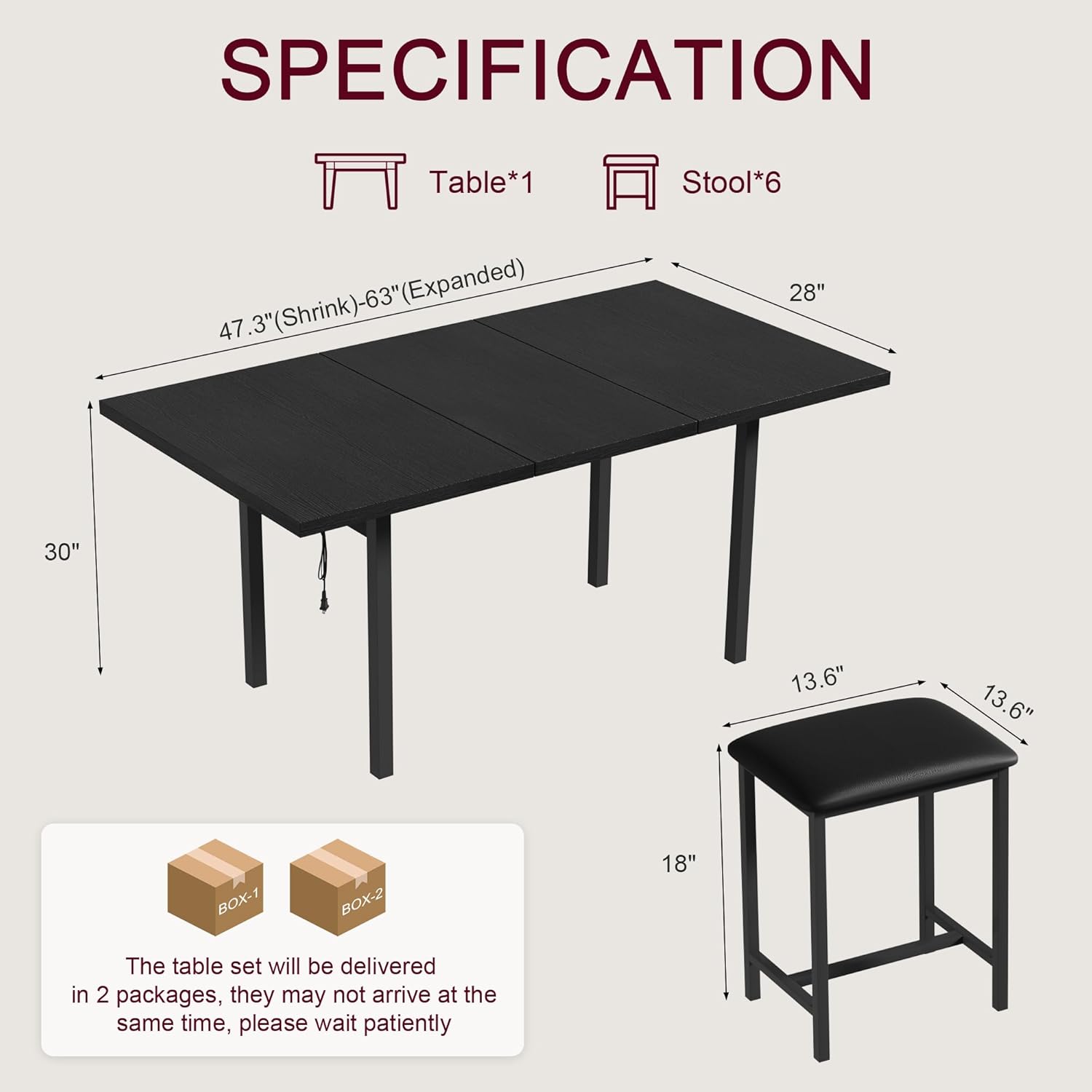 VECELO 7-Piece Dining Table Set with 6 Square Stools, 63