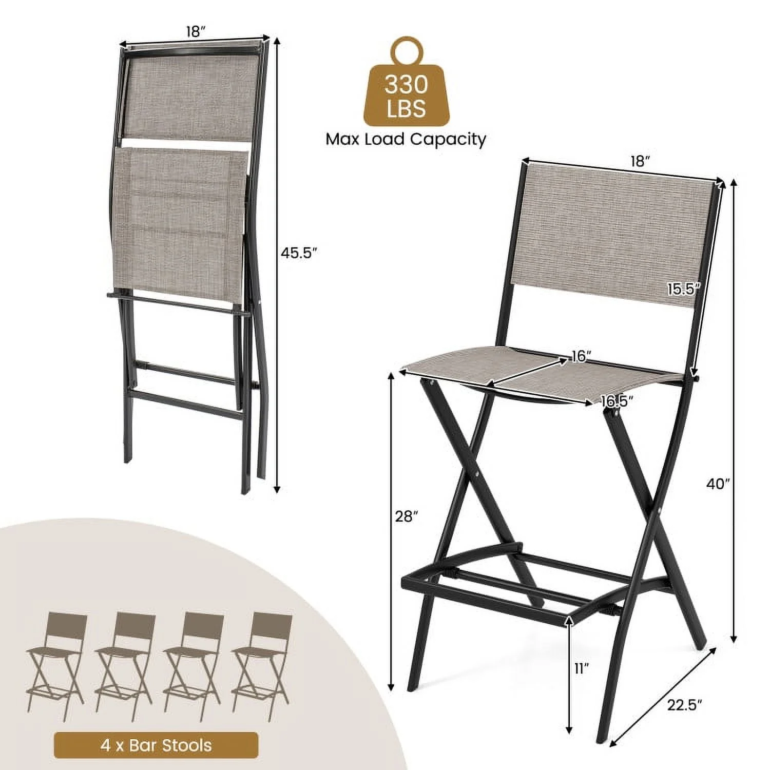 Spaco Outdoor Folding Bar Height Stool Set of 4 with Metal Frame and Footrest-Coffee, Outdoor Stackable Dining Chairs for All Weather, Breathable Garden Outdoor Furniture for Backyard Deck