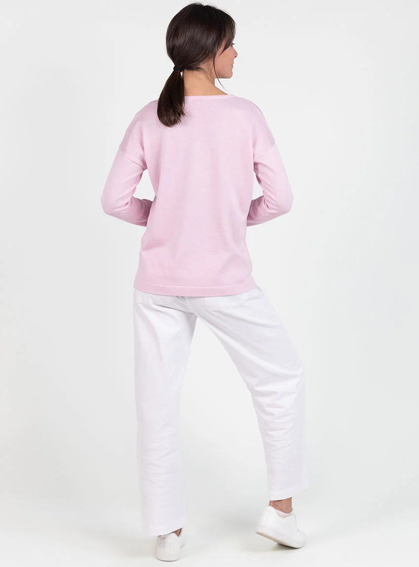 Pull femme col V en coton rose