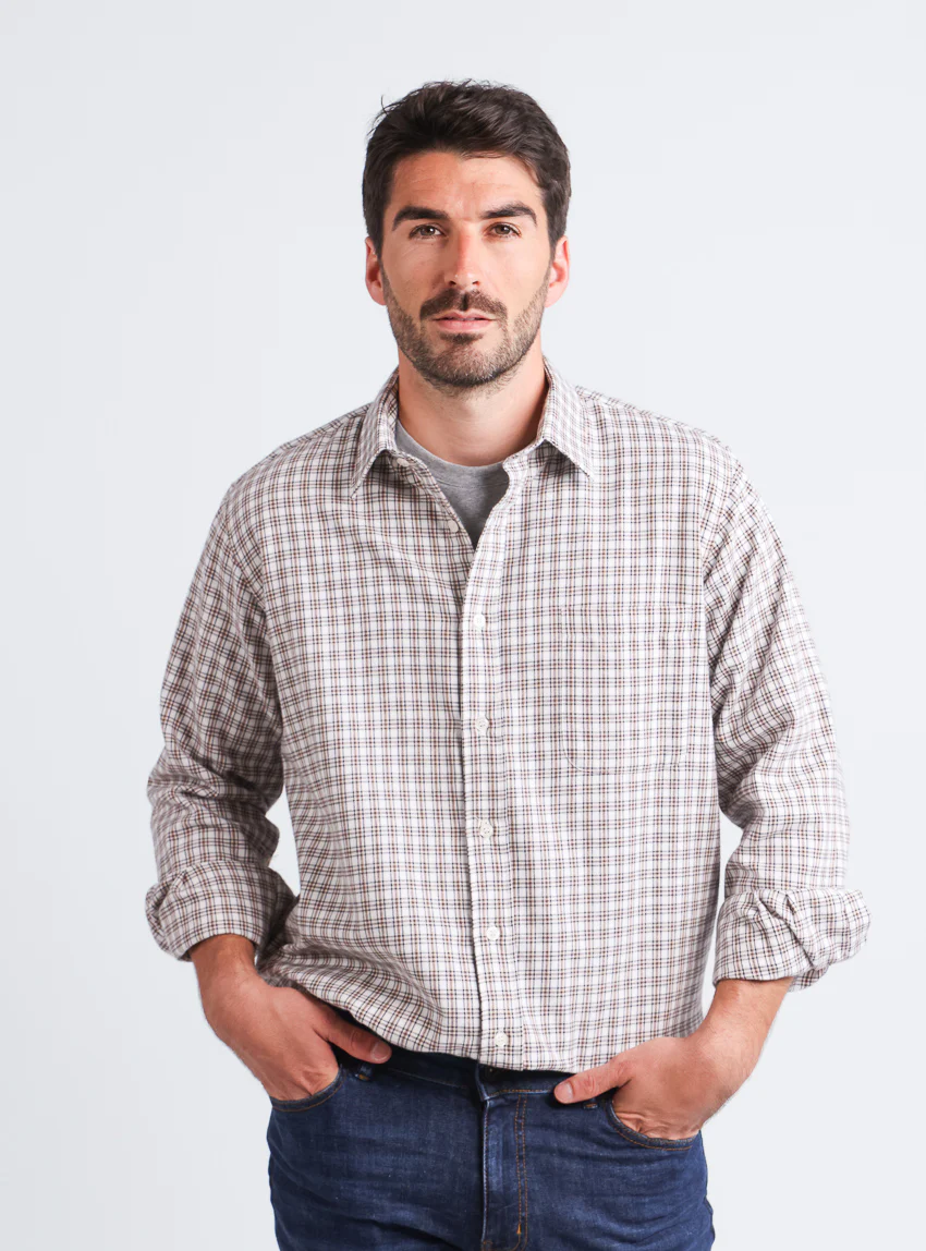 Chemise homme à carreaux coton et laine Beige Camel