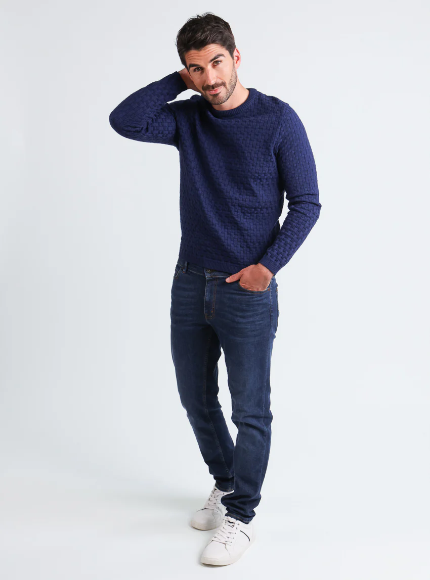 Pull homme damier en laine bleu amiral