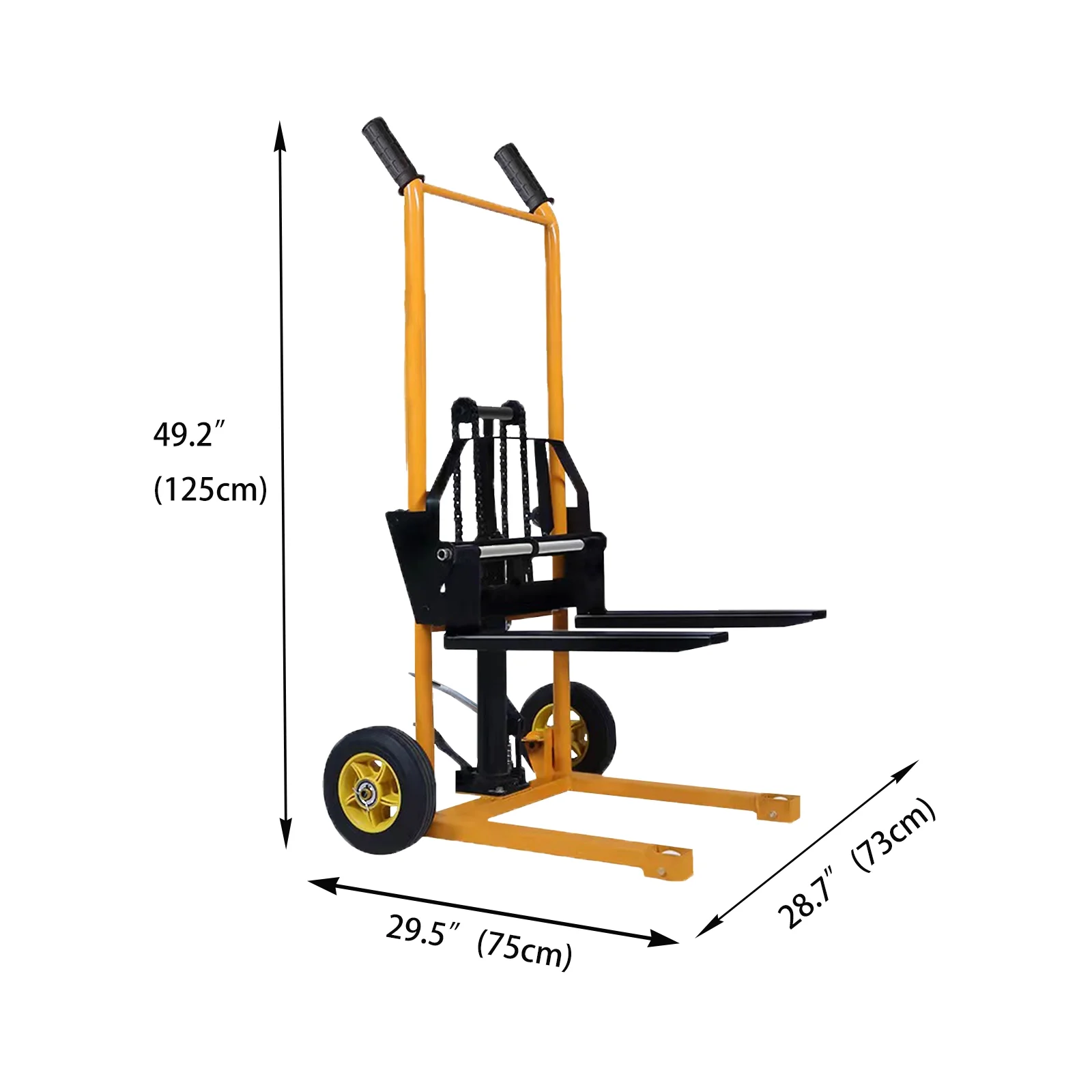 Small Manual Forklift Hydraulic Stacker, Portable Material Lift Truck with Adjustable Forks and Fixed Legs, 440 lb Straight Wheel Stacker Truck (without Pallets)