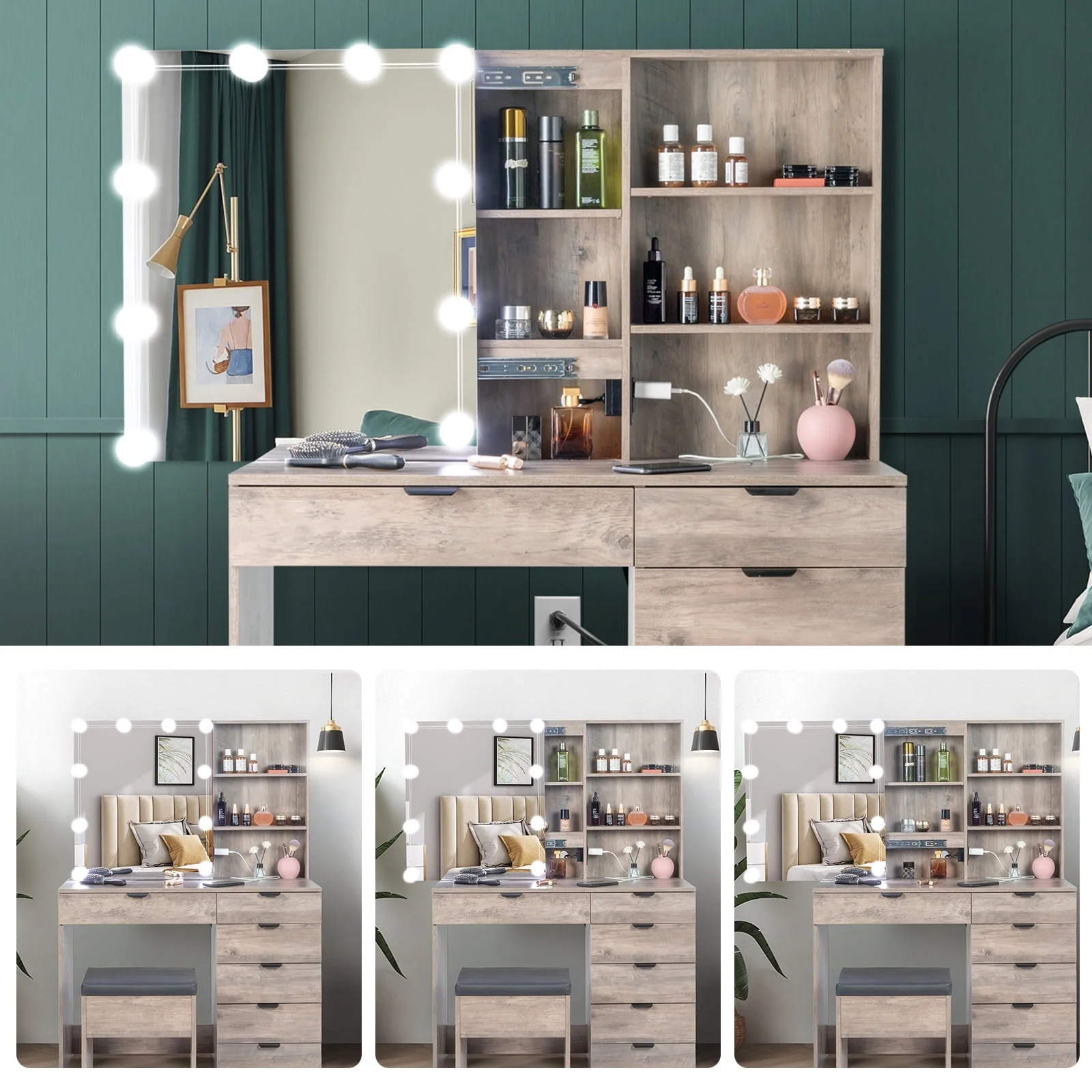 Ktaxon Vanity Table Set with USB Charging Stationfor Bedroom Makeup Dressing Table with Sliding Mirror,3 Color Light