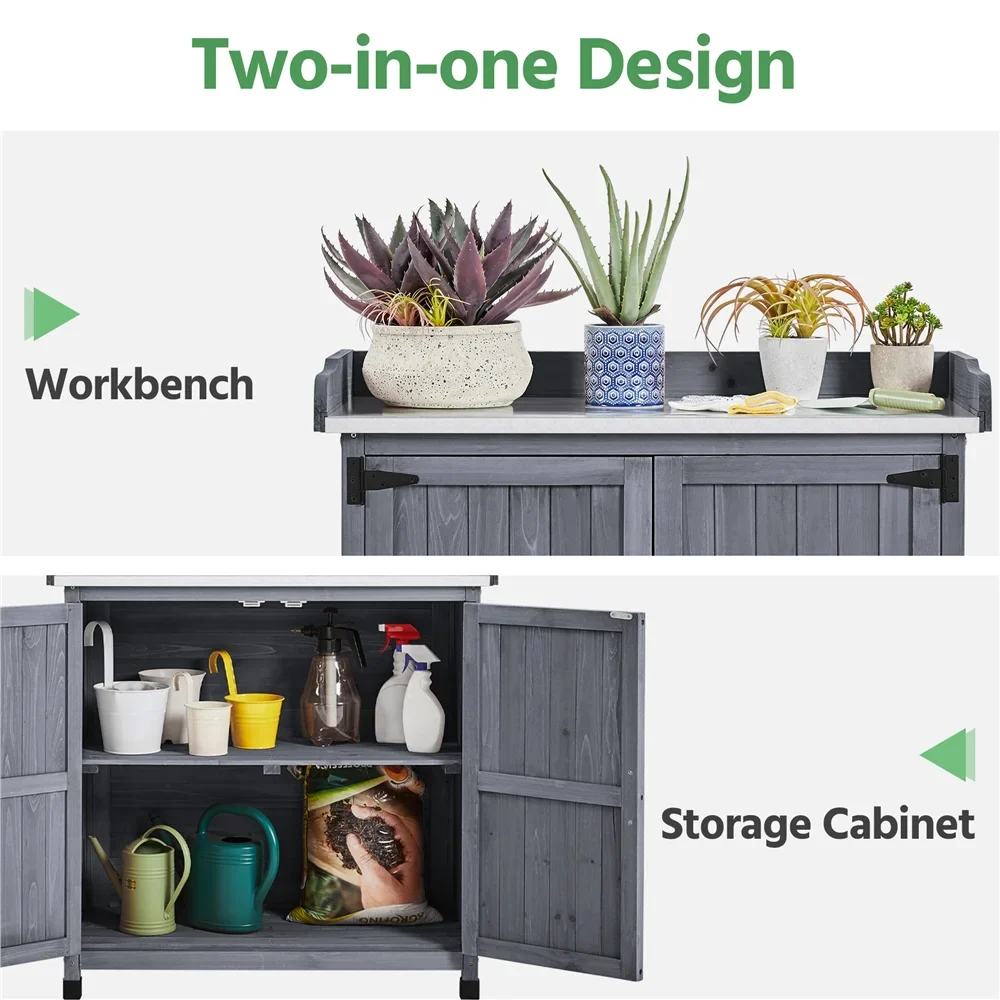 Renwick Garden Potting Bench Table with Cabinet, Brown
