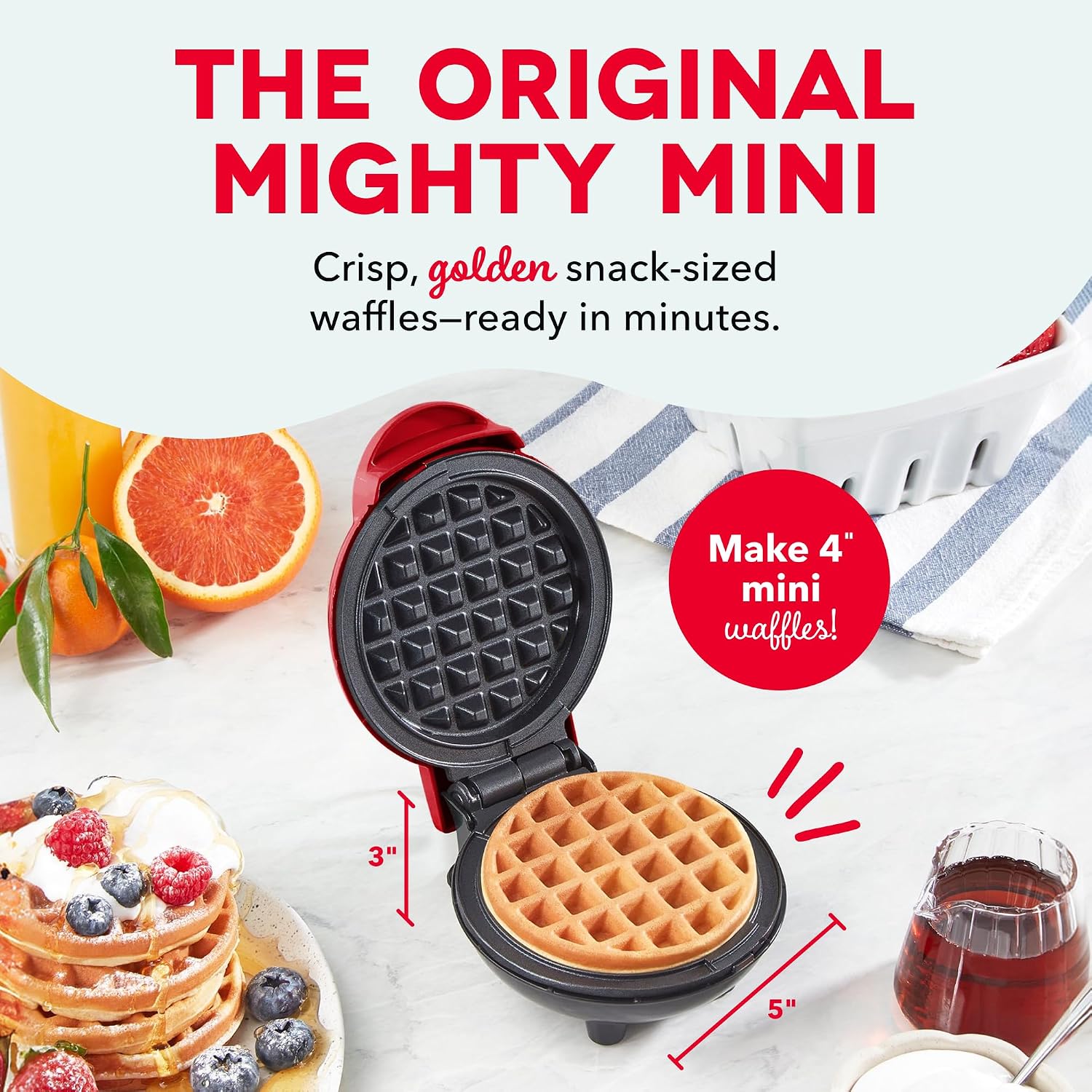 Dash Mini Waffle Maker, 4-Inch Nonstick Cooking Surface, Red| Small Waffle Iron for Dorms & RVs, Chaffle Maker & Compact Waffle Machine, Mini Waffles for Kids & Families