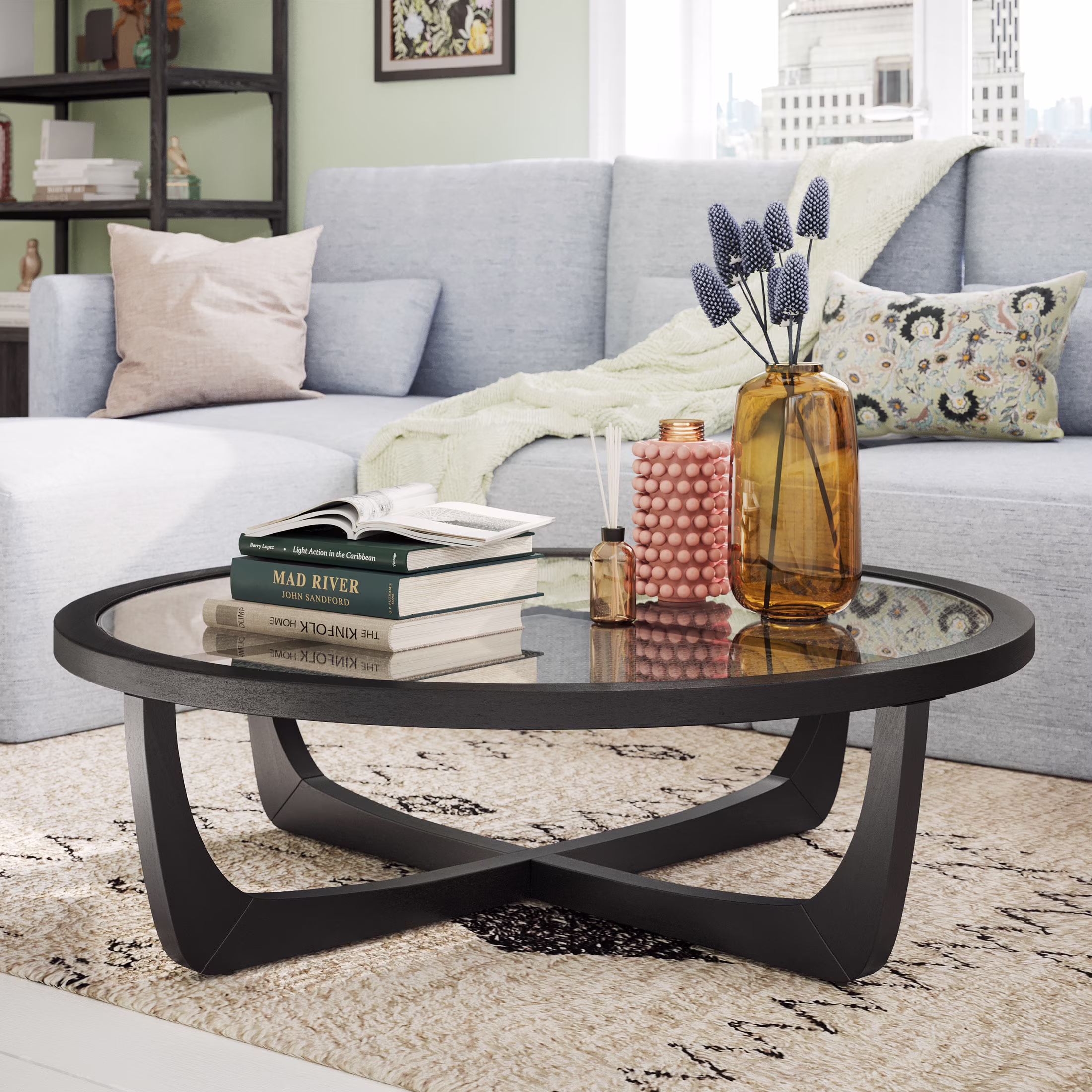 Round Rattan and Glass Top Coffee Table, Black(Black)