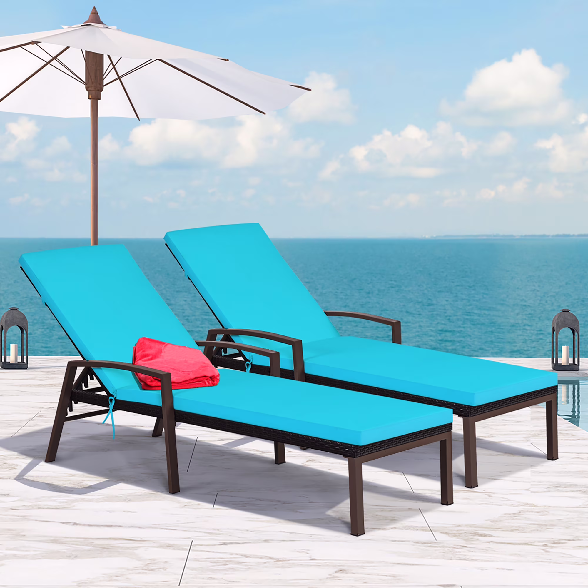 2PCS Patio Rattan Lounge Chair Chaise Recliner Back Adjustable Cushioned Red(Red) - Image 3