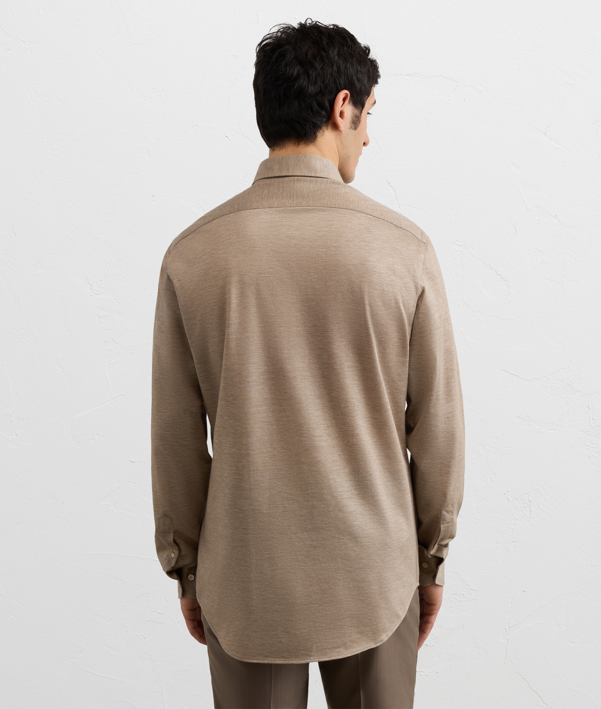 LIGHT BROWN COTTON AND LYOCELL PIQUE JERSEY SHIRT WITH MEDIUM MILANO COLLAR