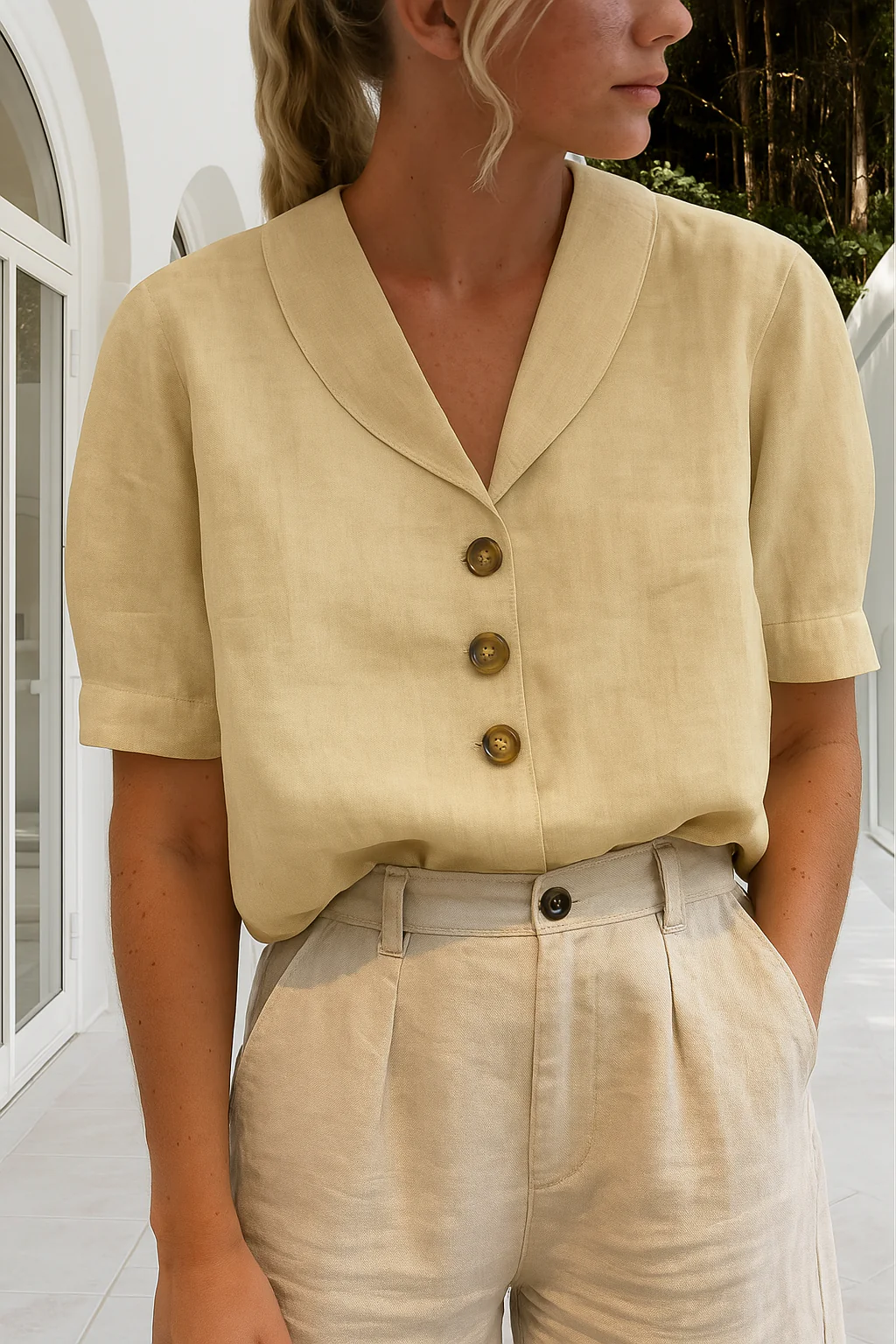 Blouse femme manches courtes avec col foulard et détails à boutons