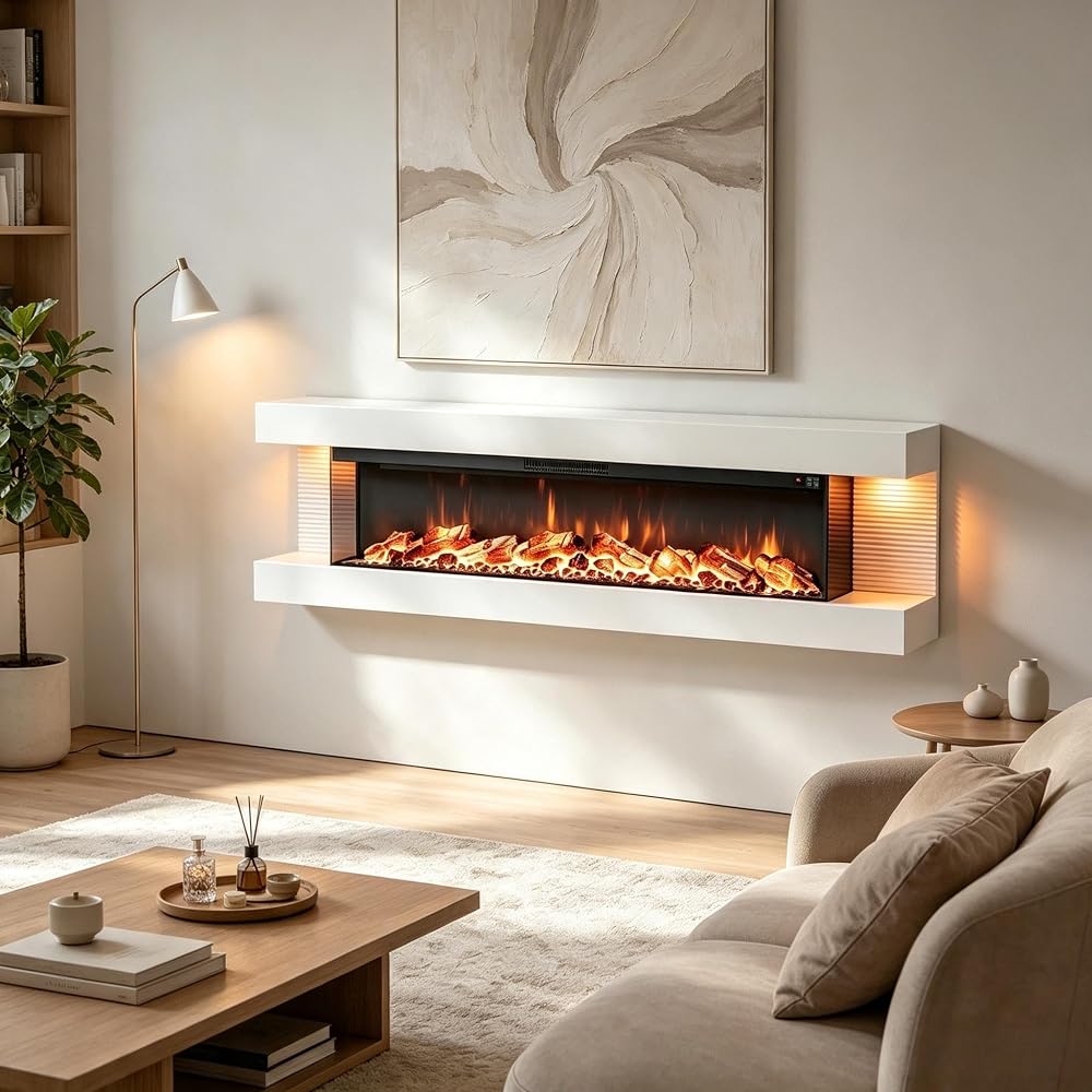 ORALNER 3 Sided Wall Mount Electric Fireplace w/ 60" Floating Mantel, White