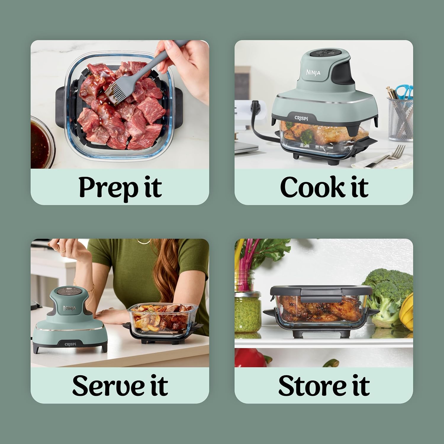 Ninja Crispi Glass Air Fryer, 4-in-1, Green, FN101SG