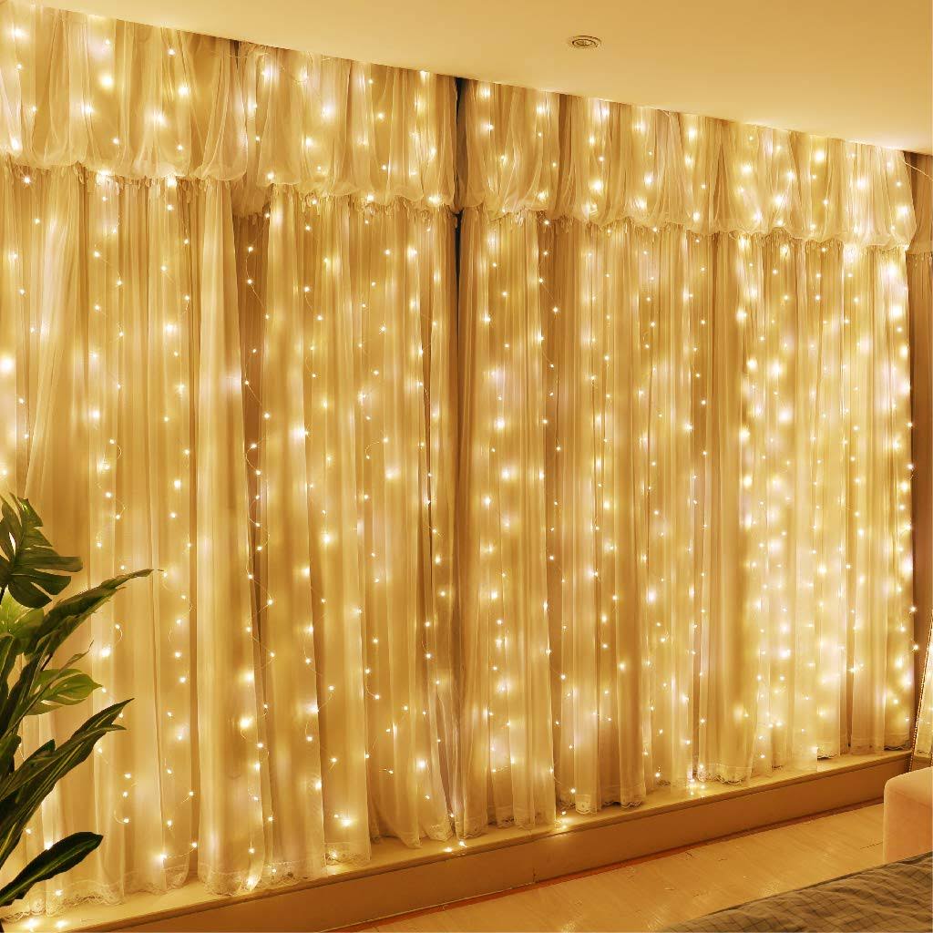 HXWEIYE 300led Fairy Curtain Lights, 9.8x9.8ft Warm White USB Plug in 8 Modes Christmas String Hanging Lights with Remote for Bedroom, Indoor,