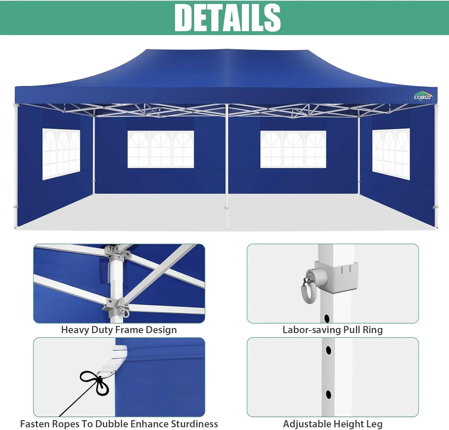 Tente pliante robuste COBIZI 10x20, 6 parois latérales, pour événements commerciaux, mariages et réceptions