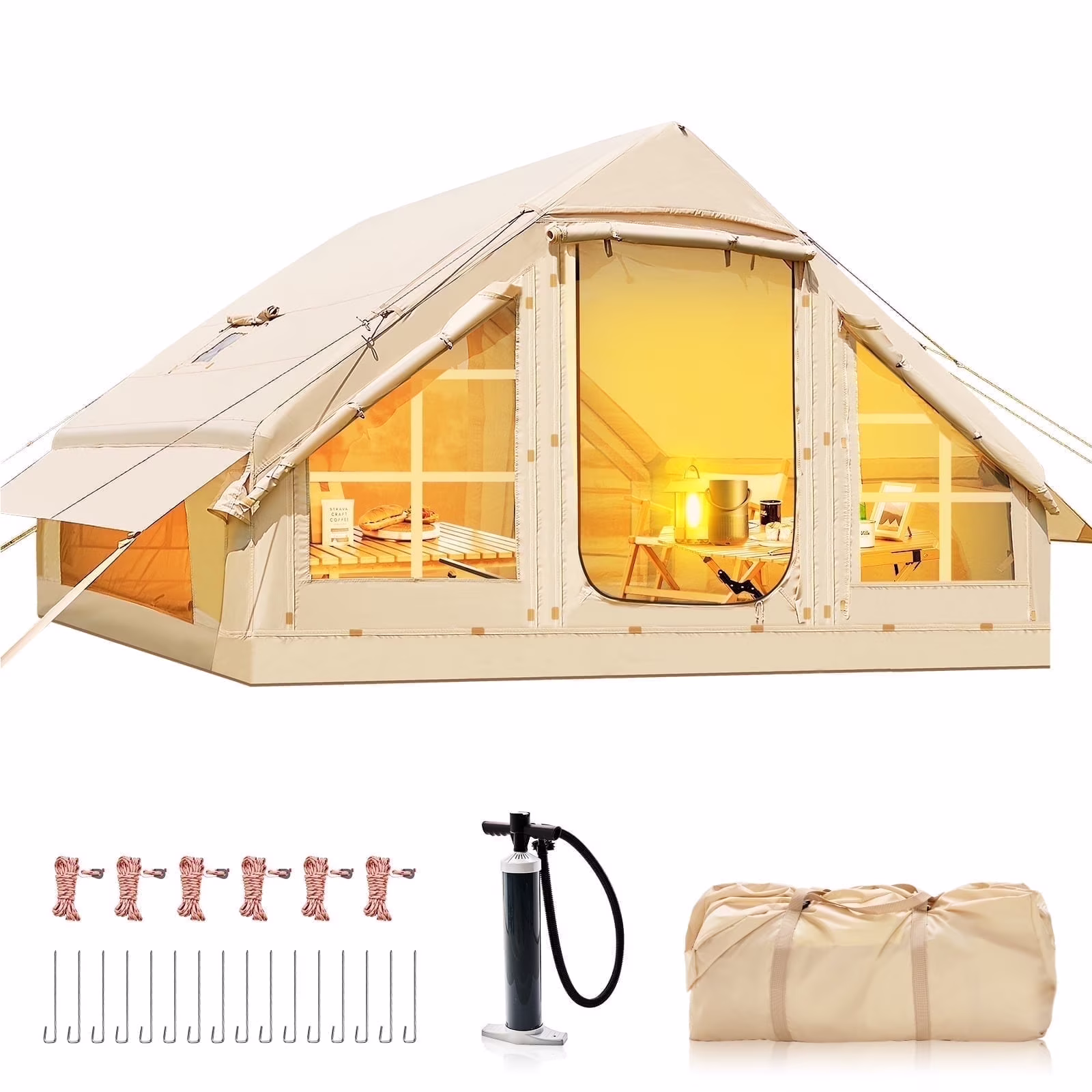 4-6 Person Blow Up Inflatable Tent with Stove Jack, Hot Tent for Camping with Hand Pump, Waterproof Inflatable Camp Tent with Mesh Windows, Easy Setup Glamping Inflatable House(Beige-9.8 x 6.9 x 6.4ft)