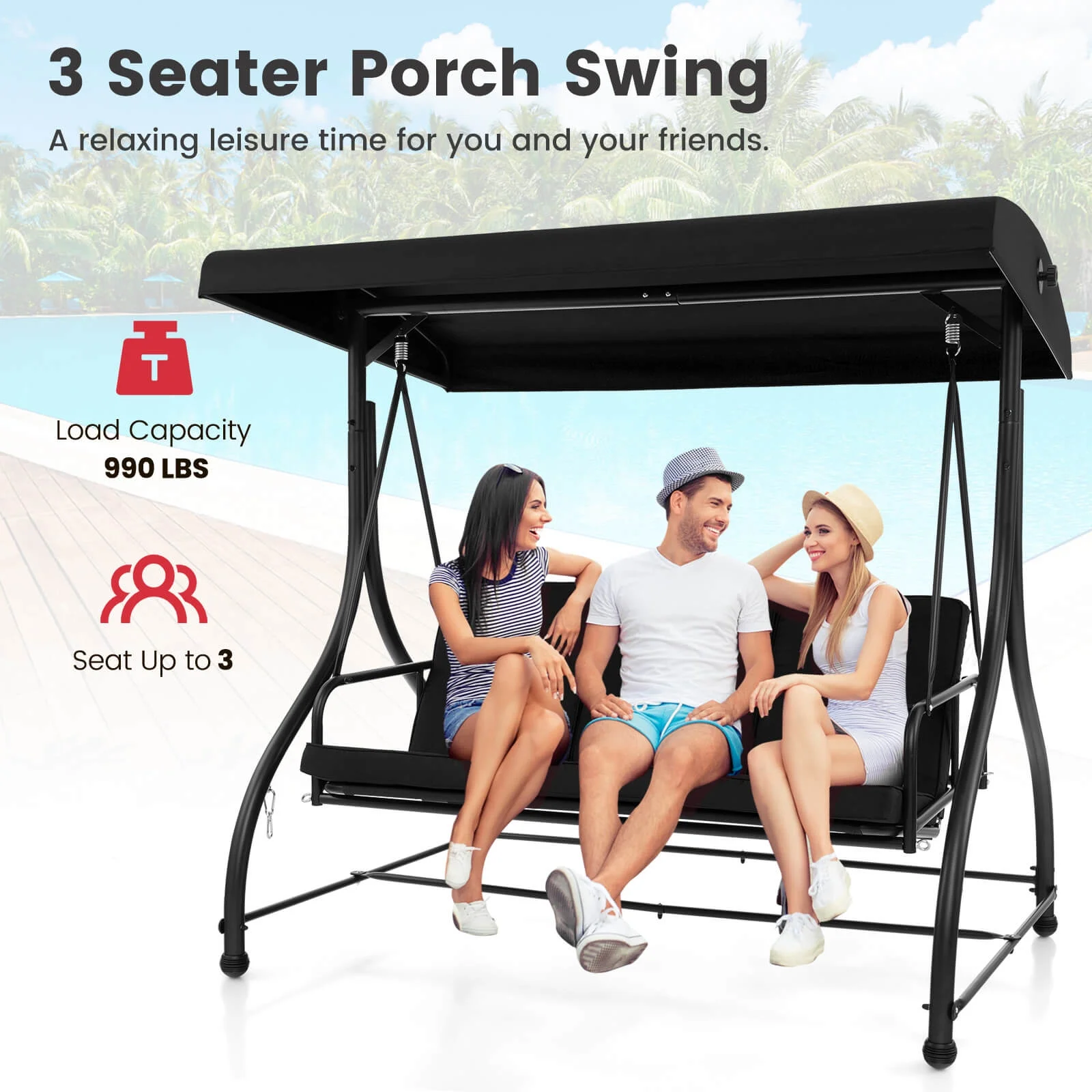 3-Seat Outdoor Converting Patio Swing Glider Adjustable Canopy Porch Swing Black(Black) - Image 7