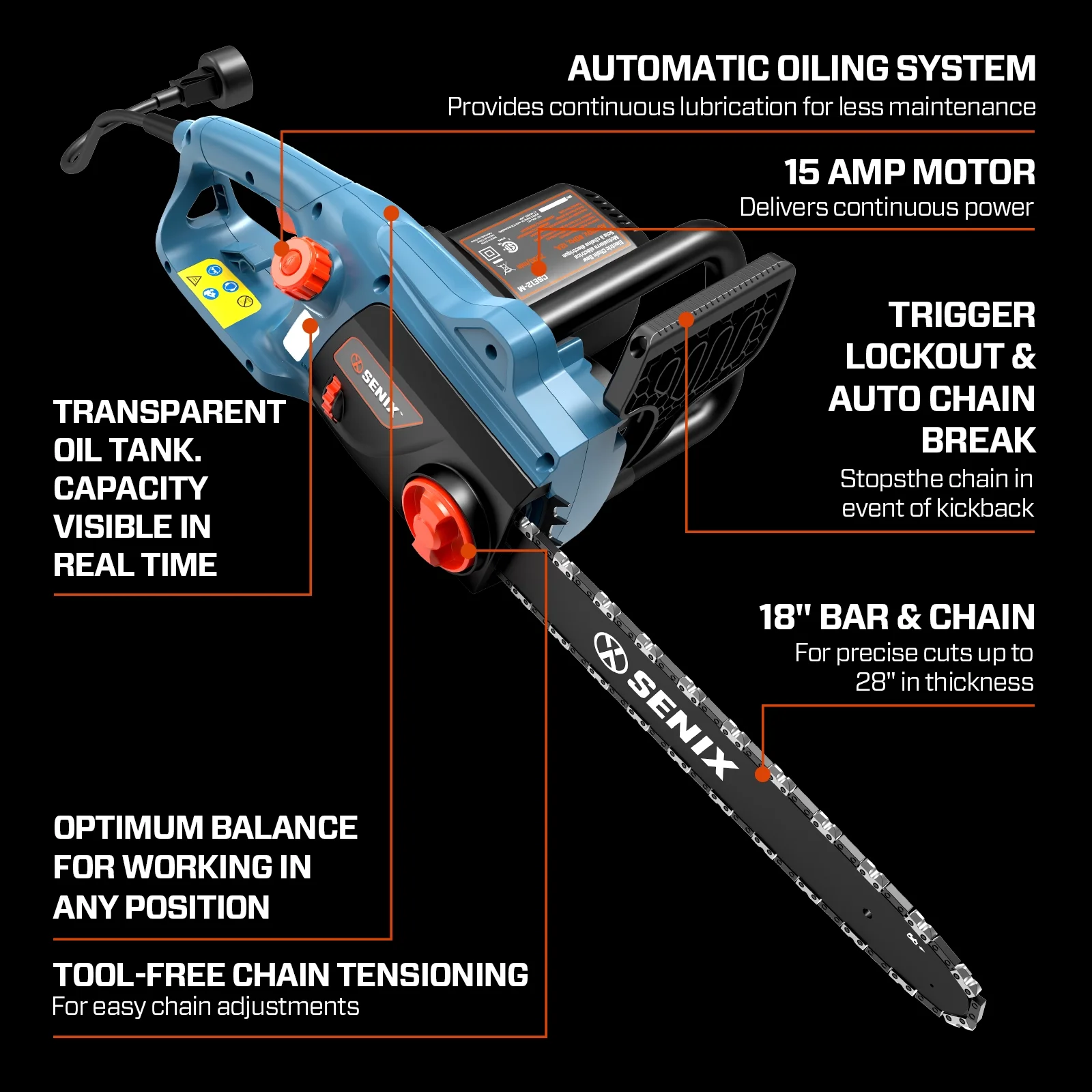15 Amp Electric Corded Chainsaw, 18-Inch Bar and Chain, Automatic Oiler, Tool-Free Chain Tension, CSE15-M - Image 3