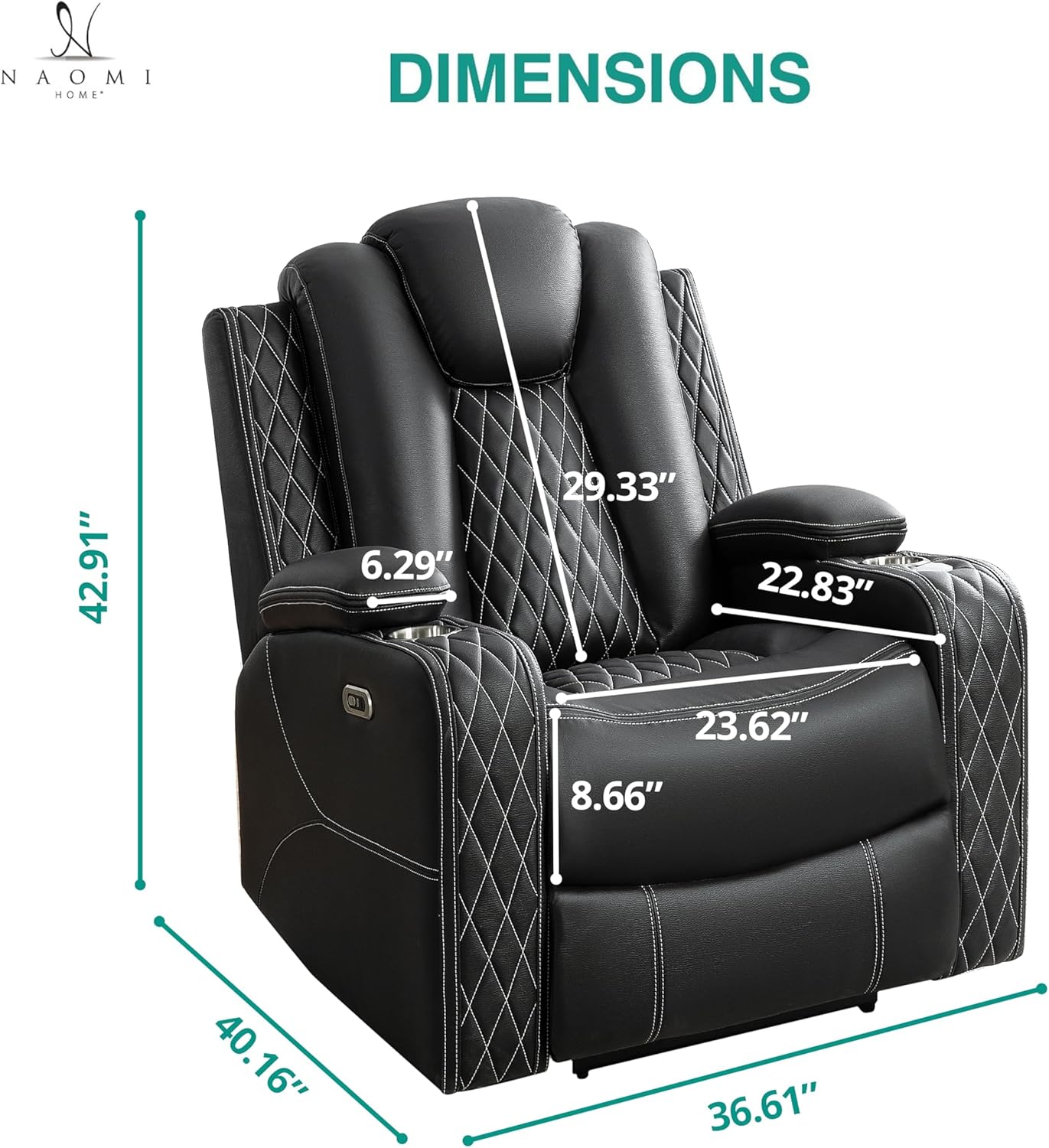 Chicago Home Theater Recliner Chair – Bluetooth Speakers, Wireless Charging, Power Recline, Adjustable Headrest, LED Lighting, Cup Holders & Premium Faux Leather for Ultimate Comfort