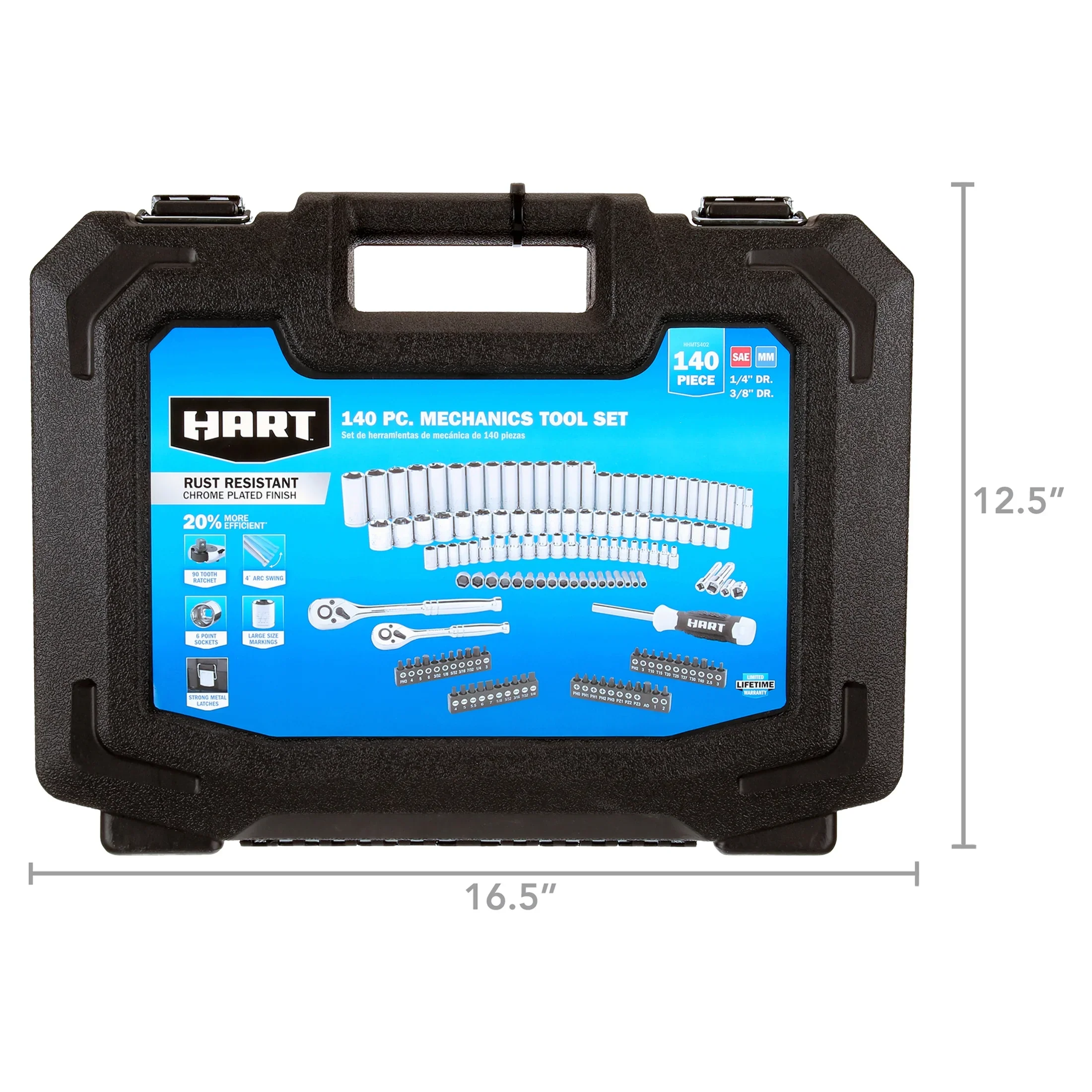 HART 140-Piece 1/4 and 3/8-inch Drive Mechanics Tool Set, Chrome Finish, SAE & Metric