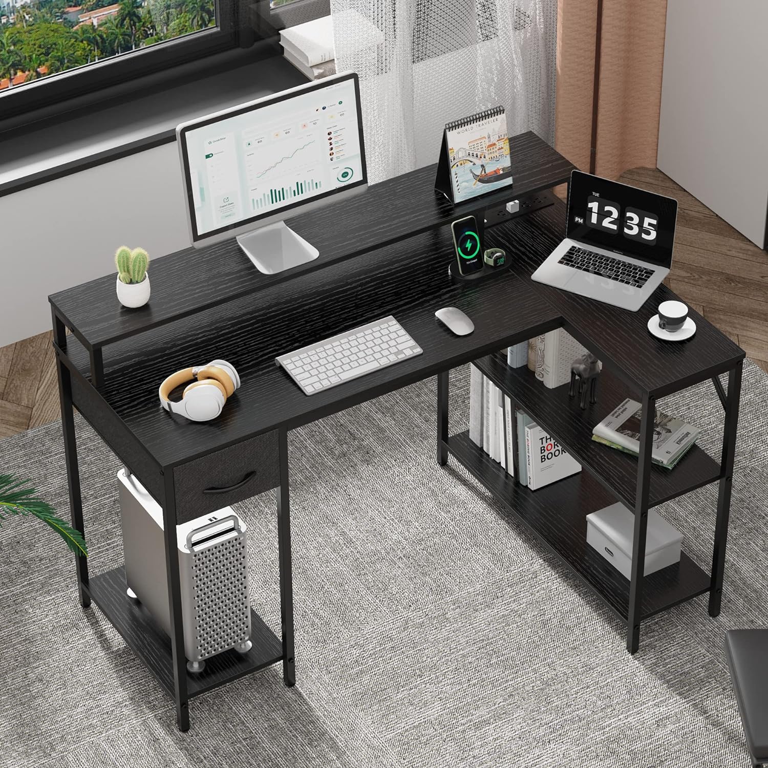 SUPERJARE L Shaped Gaming Desk with LED Lights