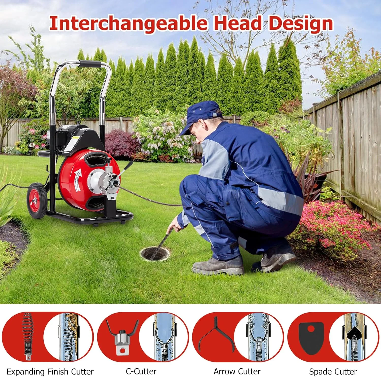 Auto Feed 100 FT x 3/8 Inch Drain Cleaner Machine with 250W Motor, Portable Sewer Snake Auger with 8 Cutters Air-Activated Foot Switch, Fits 1" to 4" Pipes(3/8inch 250W/100FT) - Image 5