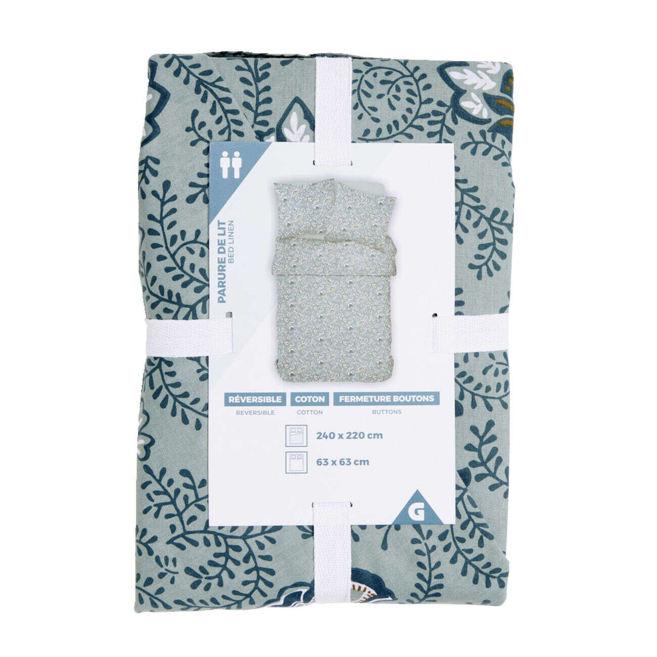 Parure de lit 2 personnes 240x220cm coton motif végétal bleu et vert