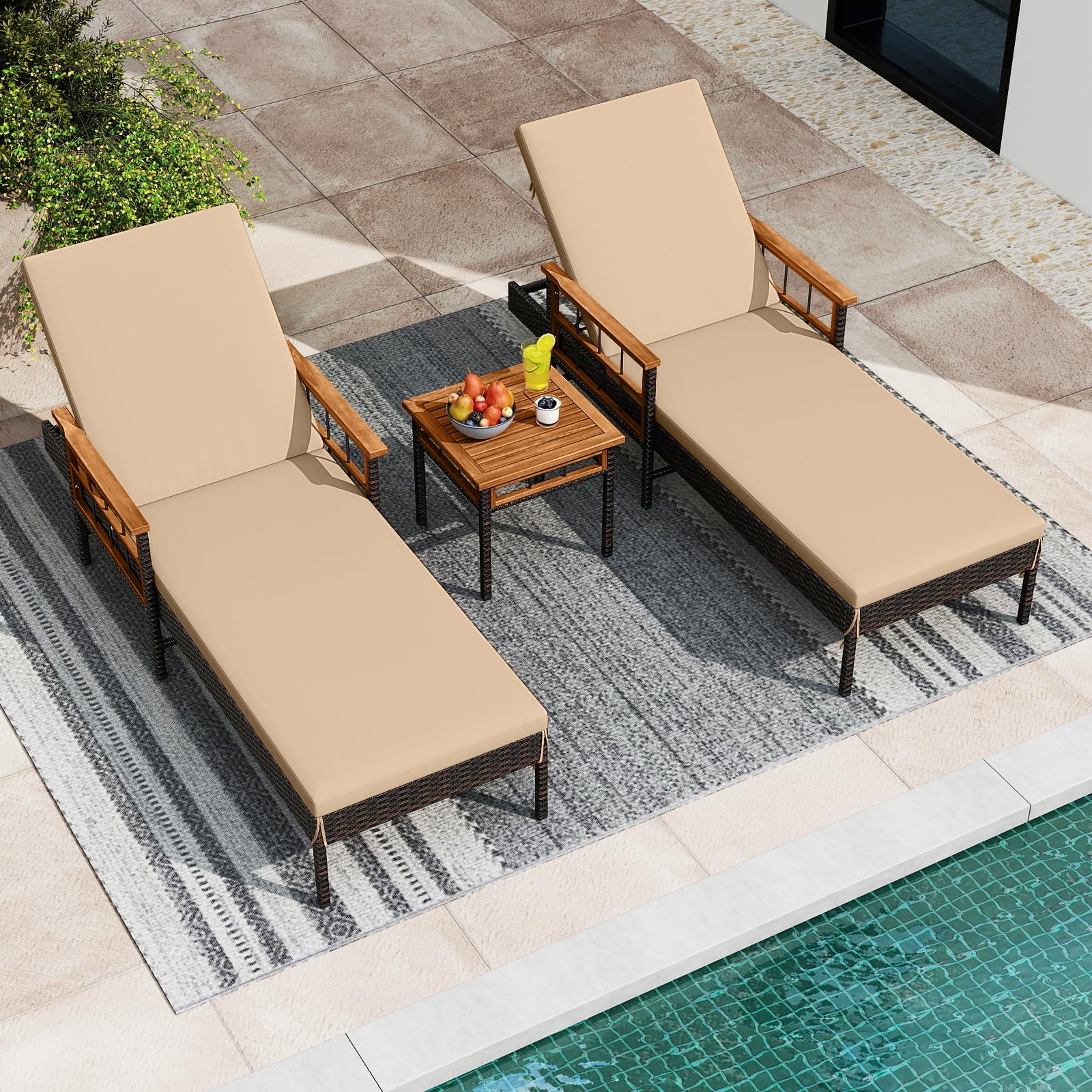 Tangkula 3 Pieces Patio Chaise Lounge Set 2 Rattan Lounge Chairs Side Table
