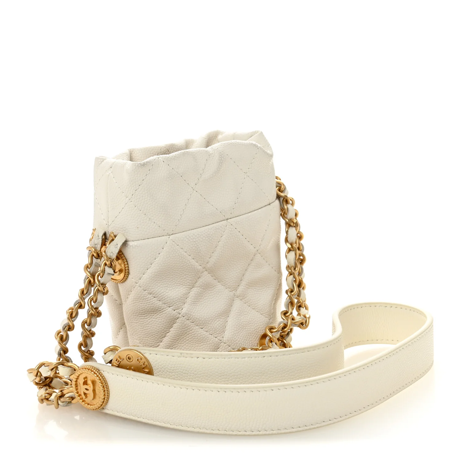 Caviar Quilted Twist Your Buttons Mini Bucket Bag White