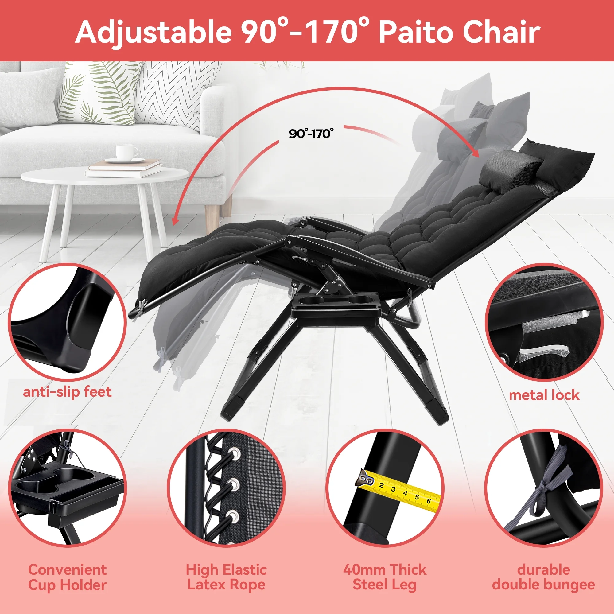 XXL Oversize Zero Gravity Chair 500lb Capacity, 33-Inch Wide Padded Seat, Folding Travel Recliner for Outdoor / Indoor Use Patio, Lawn, Black, Portable and Heavy Duty(1/Black) - Image 5